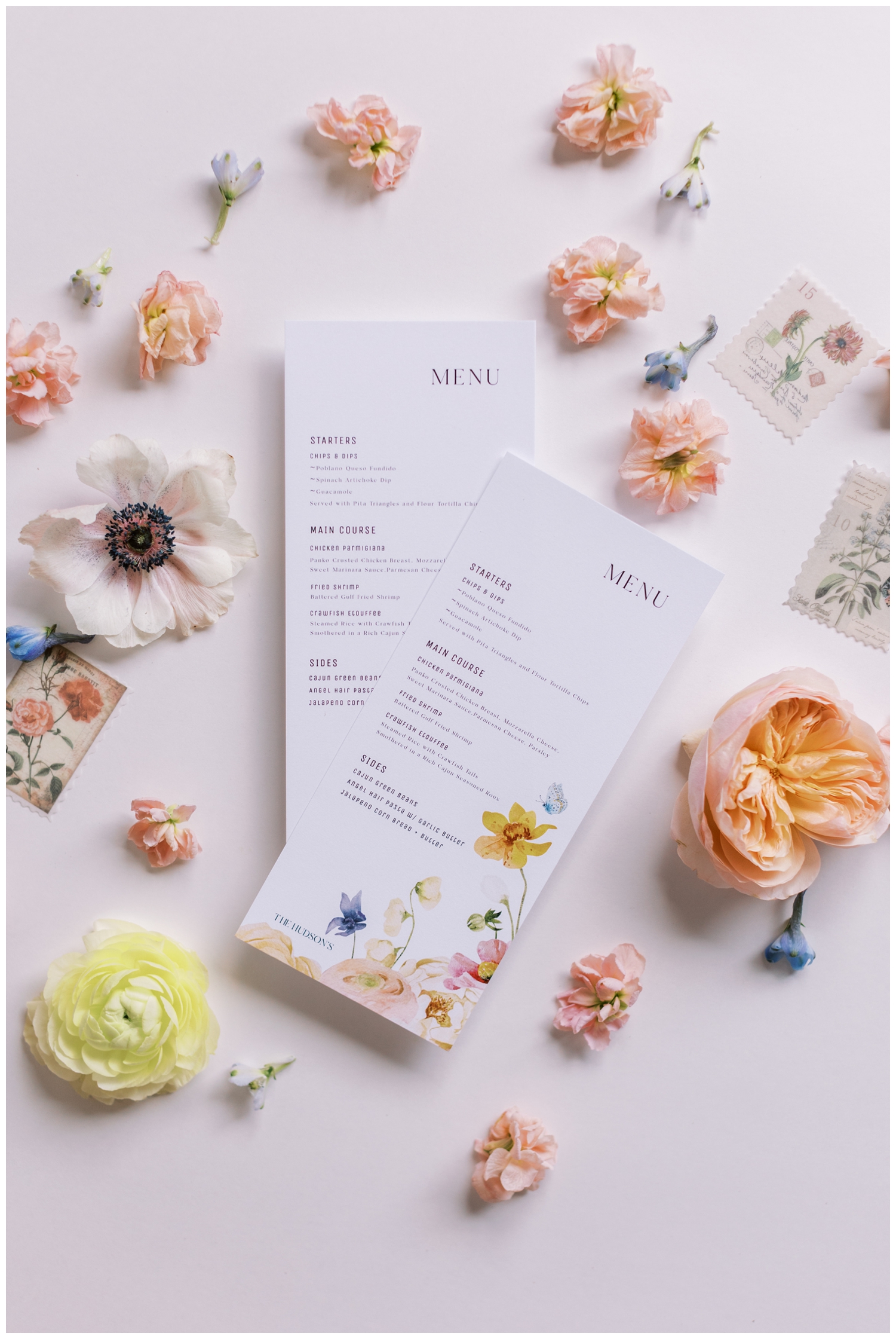 white menu card with peach florals