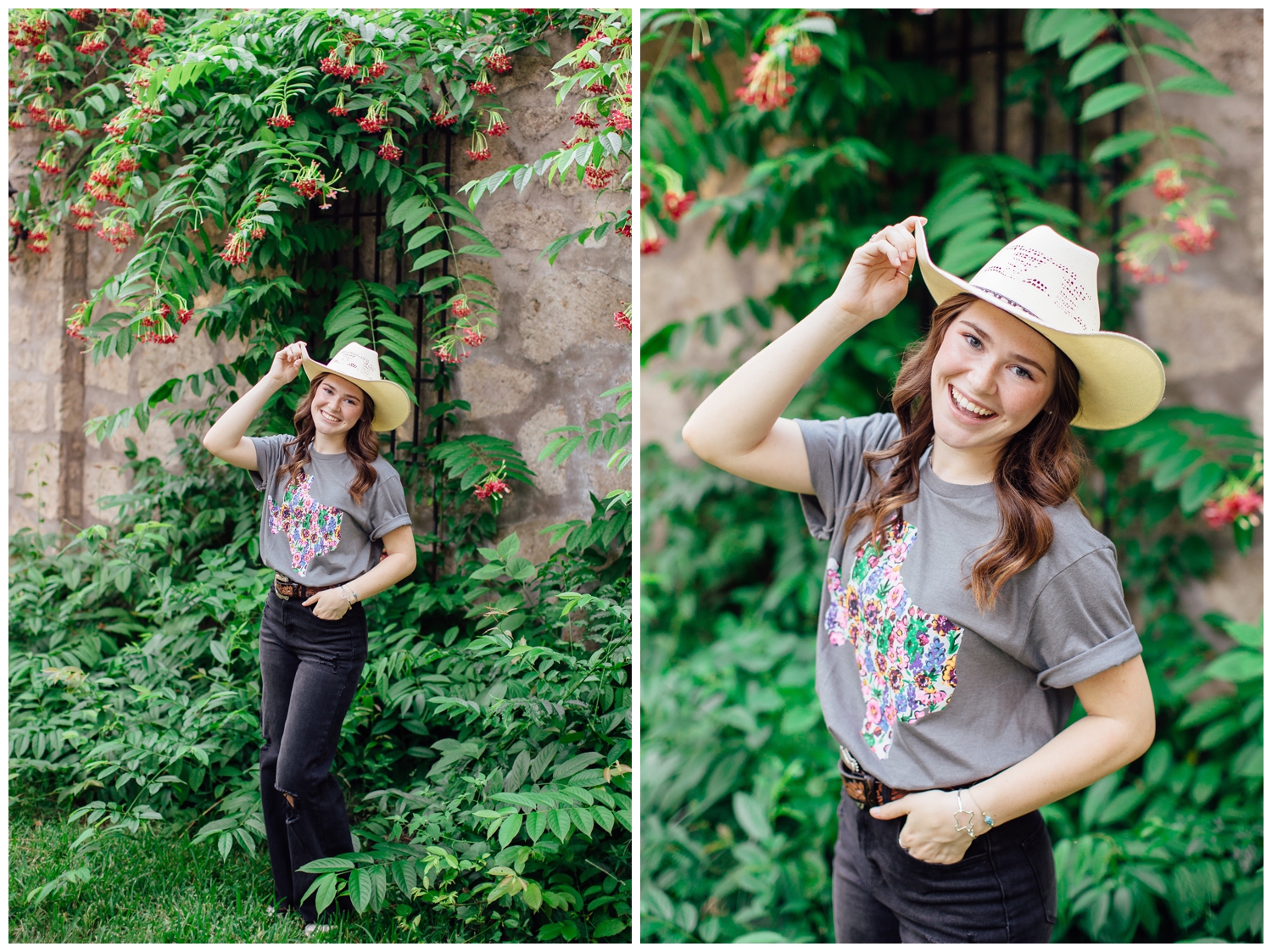 girl in tshirt and jeans with hands on a cowboy hat in front of greenery at Cy-Hope for fall senior photos Houston