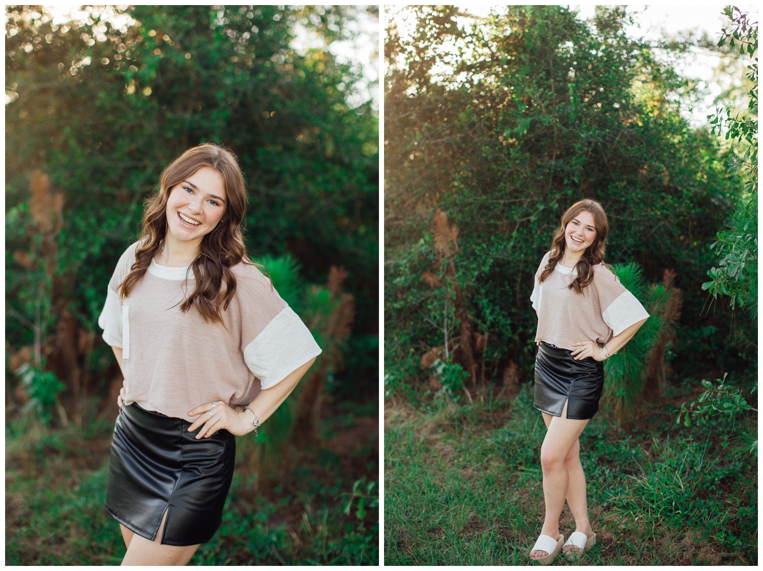 high school senior girl in black leather skirt and beige sweater with hands on hip fall senior photos Houston