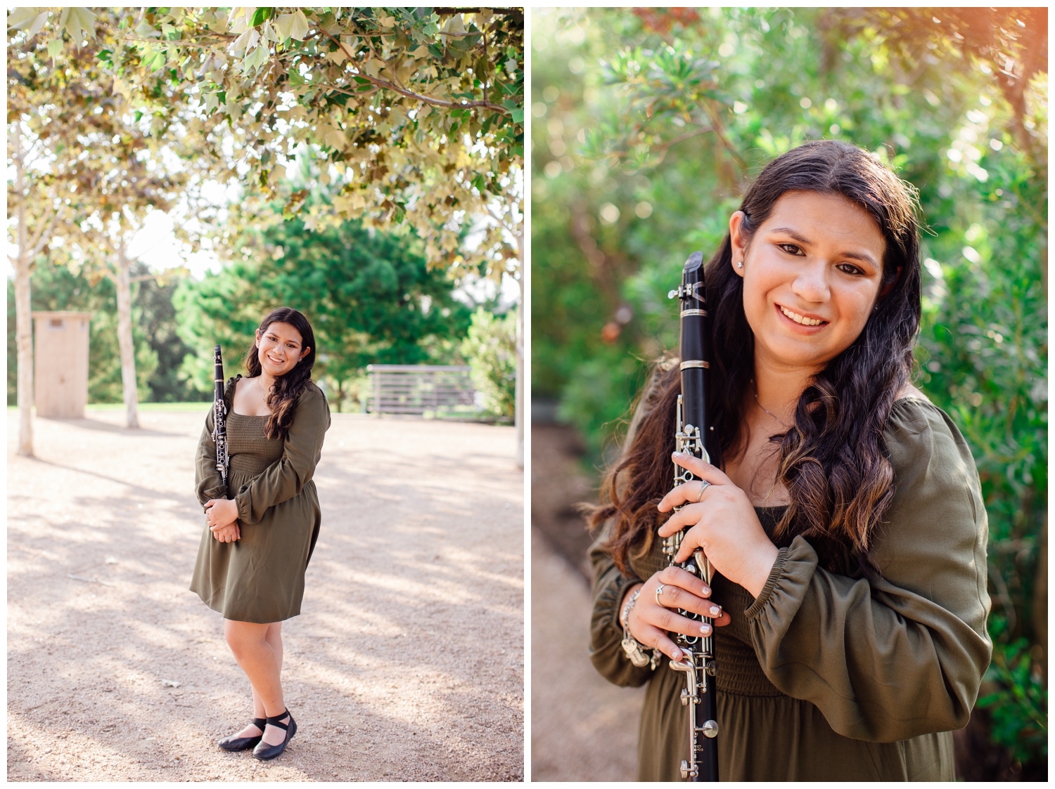 high school senior girl in green dress holding a clarinet under tree line for Senior Photos in Houston