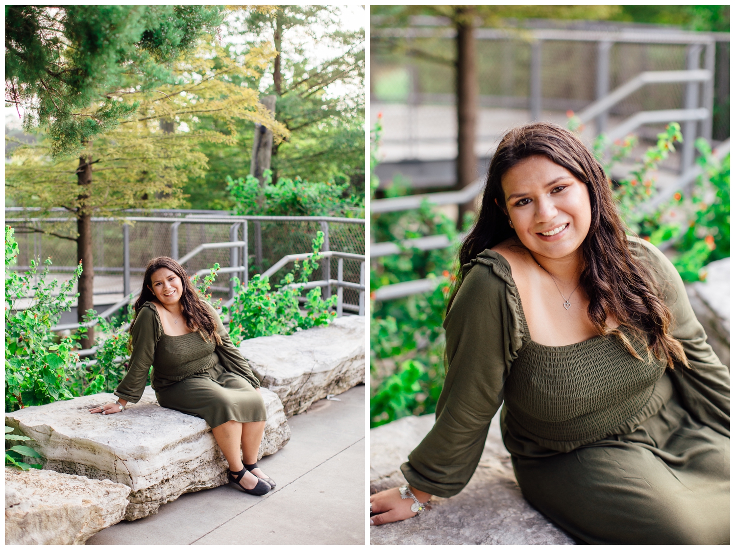 high school senior girl in dark green dress sitting on bench posing for Senior Photos in Houston