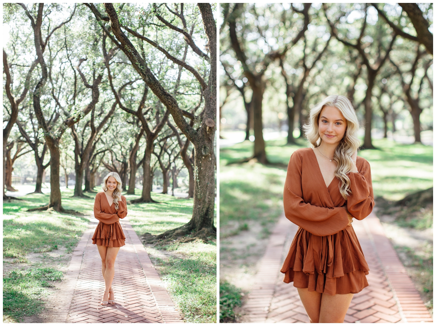 senior girl in rust romper standing with feet crossed in rust romper for chic Houston pictures