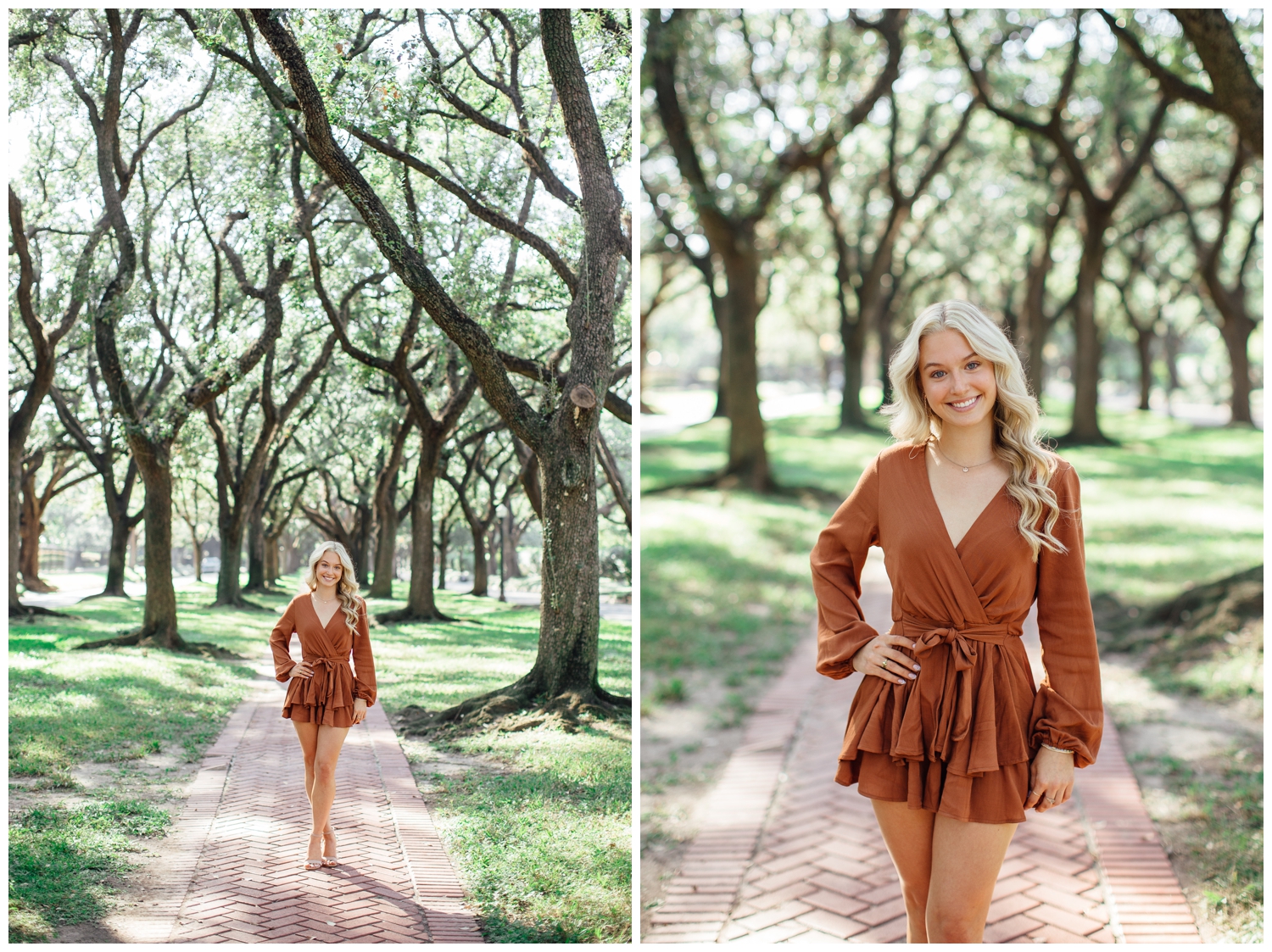 high school senior girl in rust romper walking outdoors Houston tree line