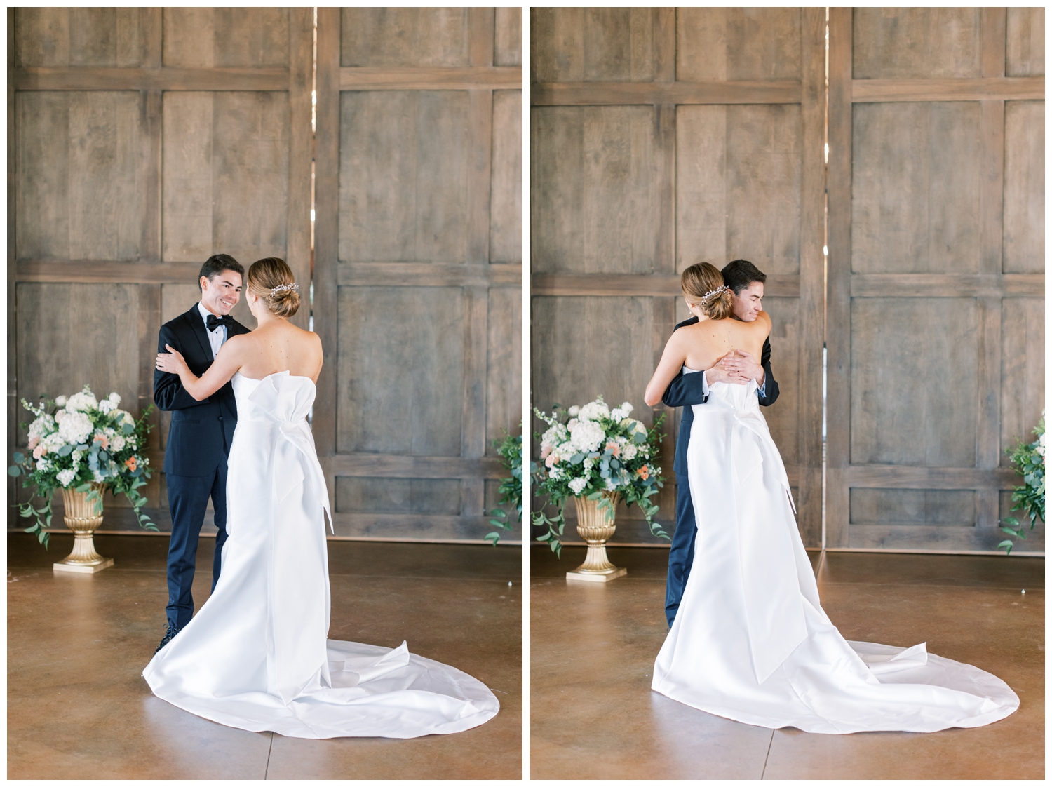 bride and groom hugging inside Iron Manor wedding venue during first look