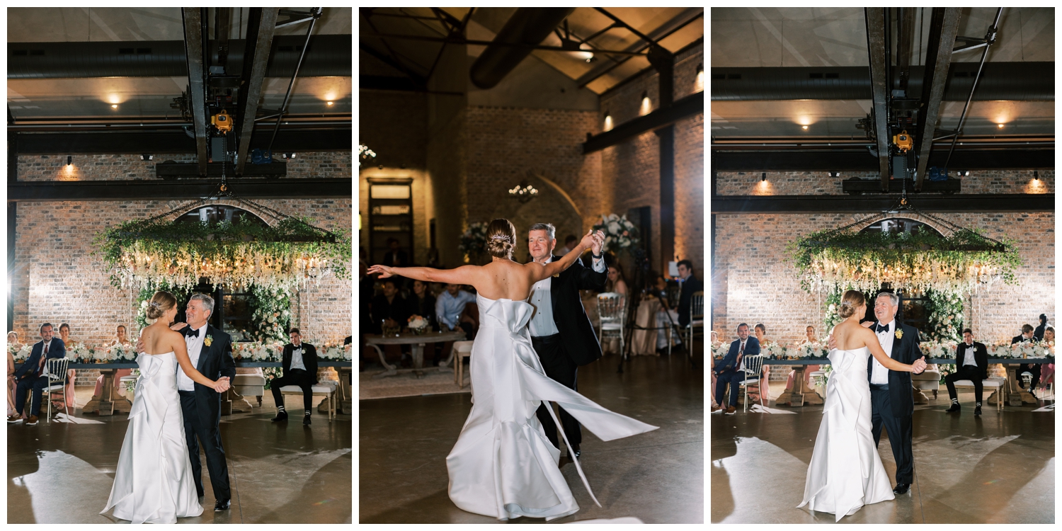 father and bride dance during elegant Iron Manor Wedding reception