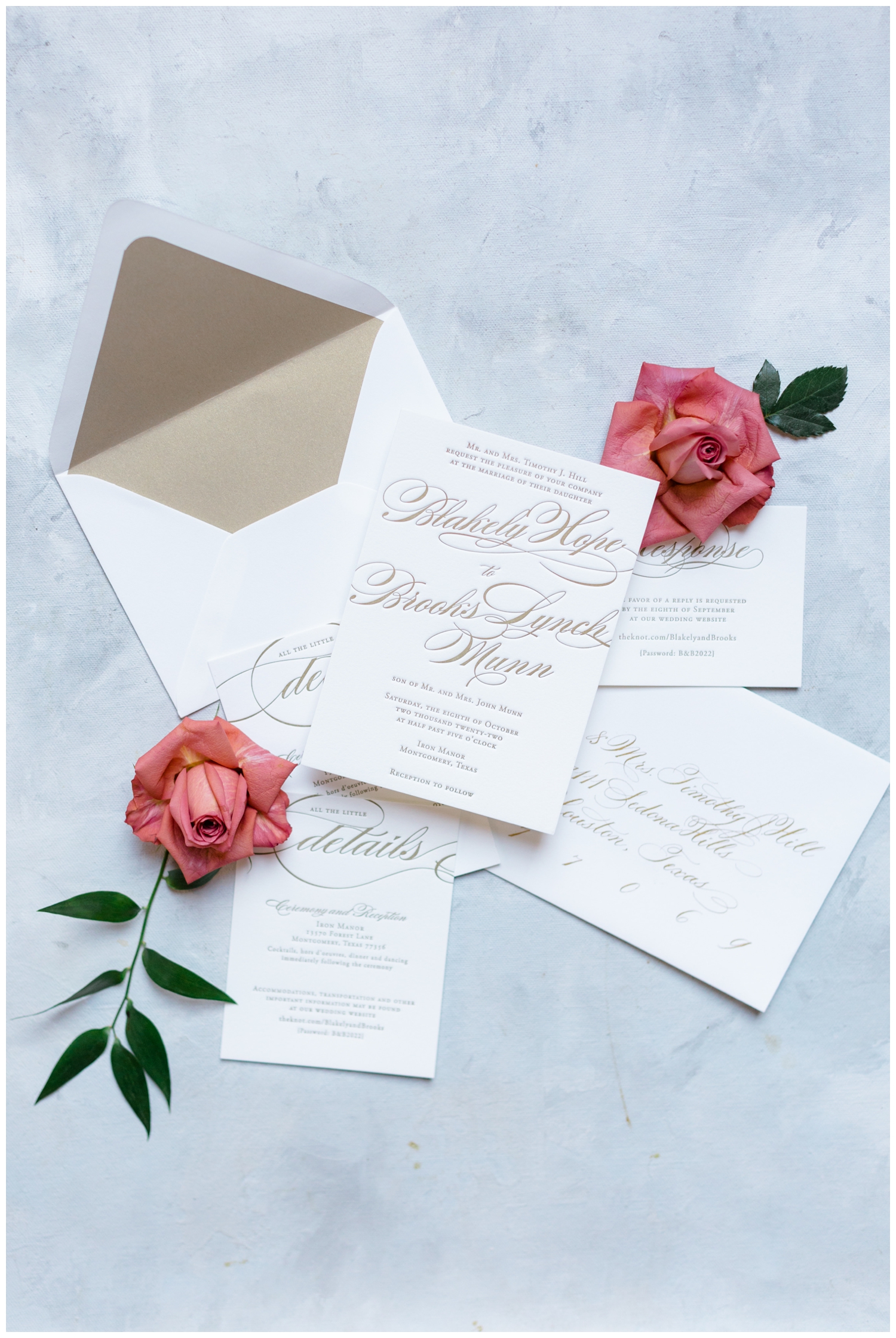 detailed flat lay white invitation suite elegant Iron Manor Wedding
