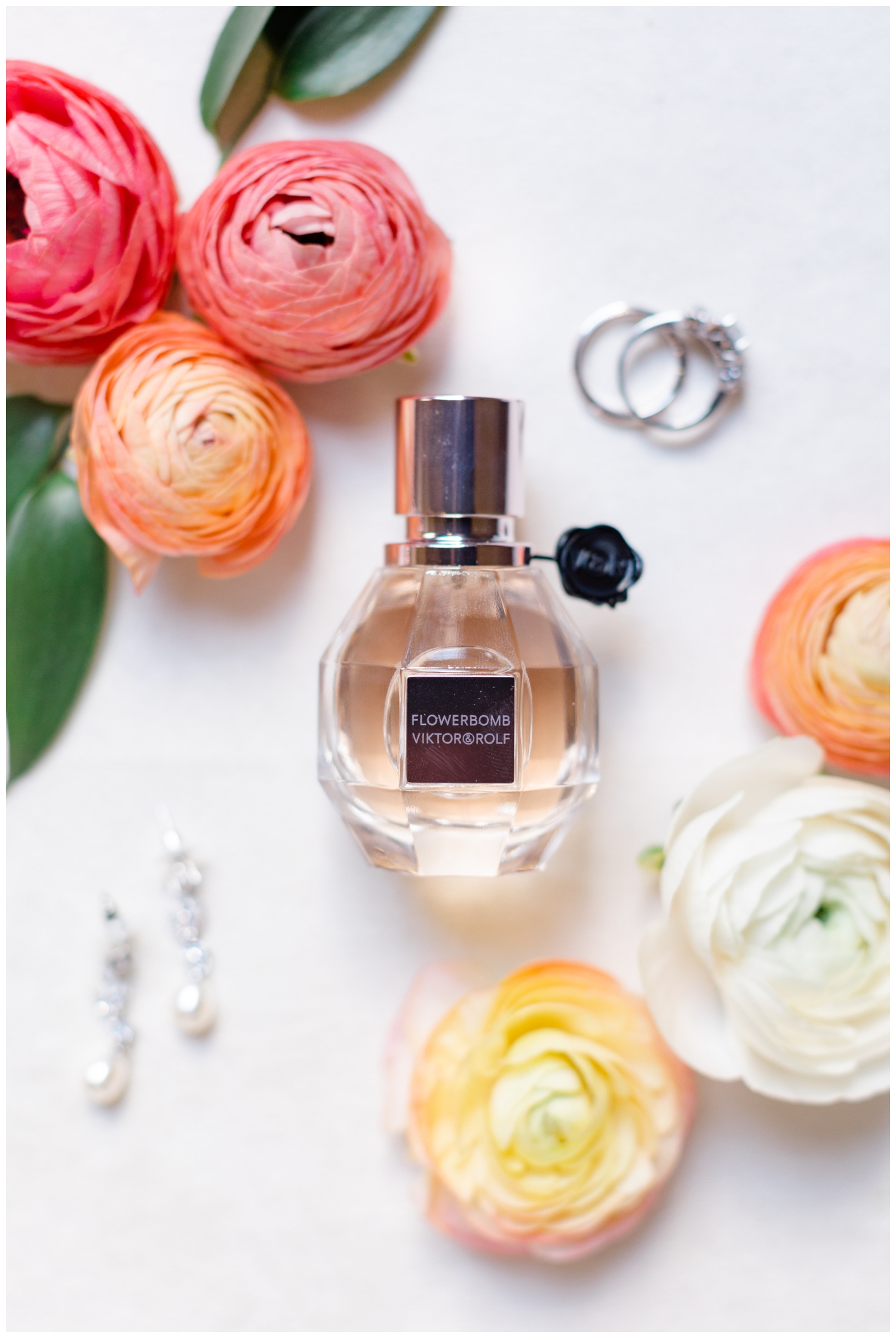 detail image of perfume bottle surrounded by coral and peach florals