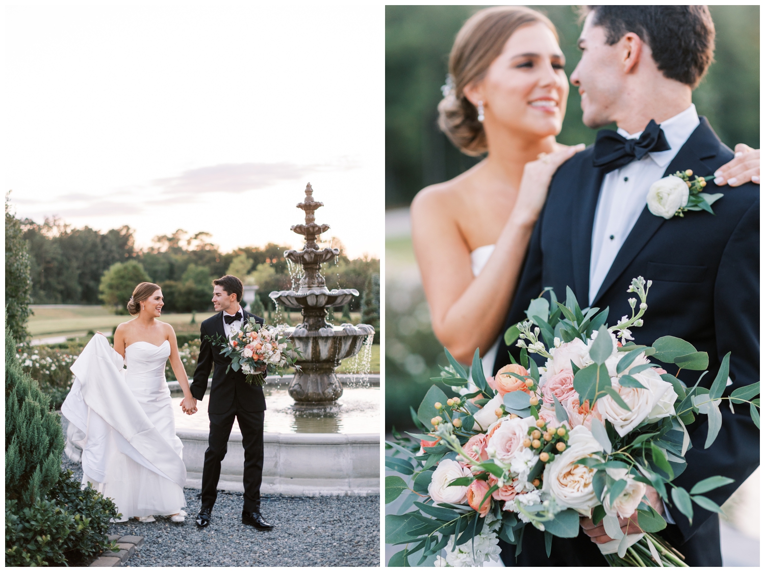 portraits of newlyweds looking at each other standing in front of fountain at Iron Manor