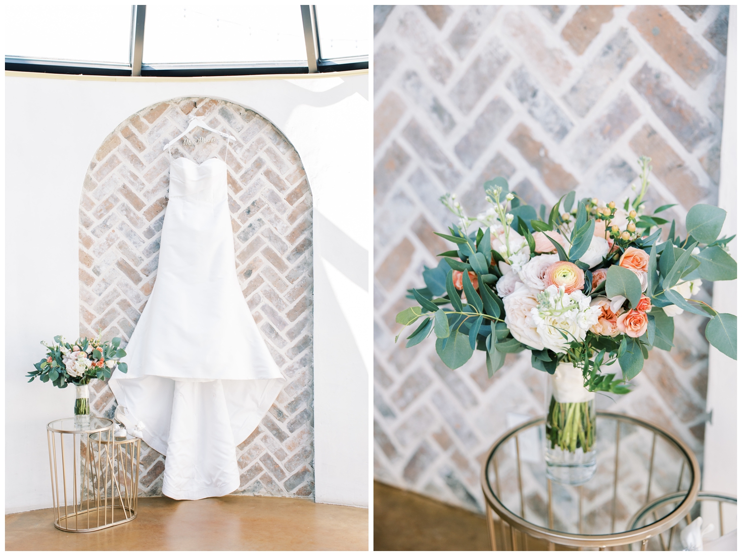 wedding gown and bright bouquet inside Iron Manor bridal suite