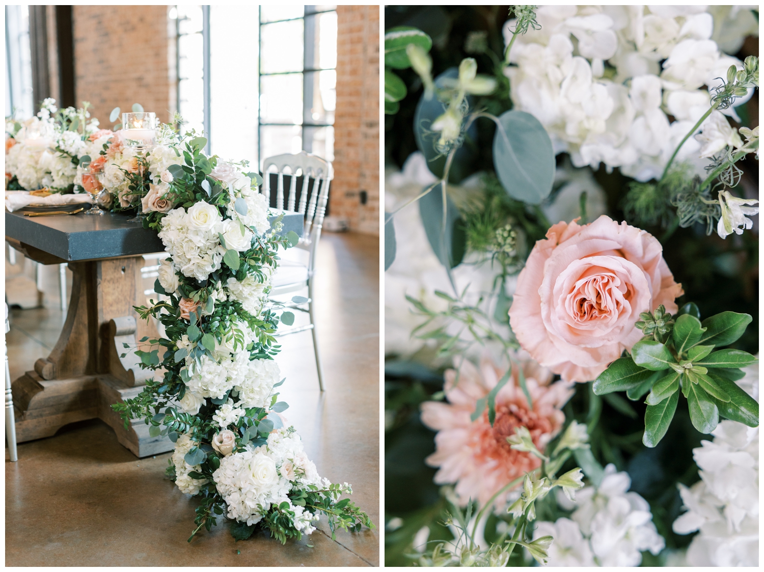 detailed images of white and blush florals on sweetheart table inside Iron Manor