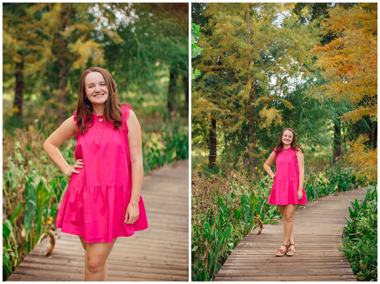 high school senior in pink dress standing with hand on hip outside Houston Arboretum