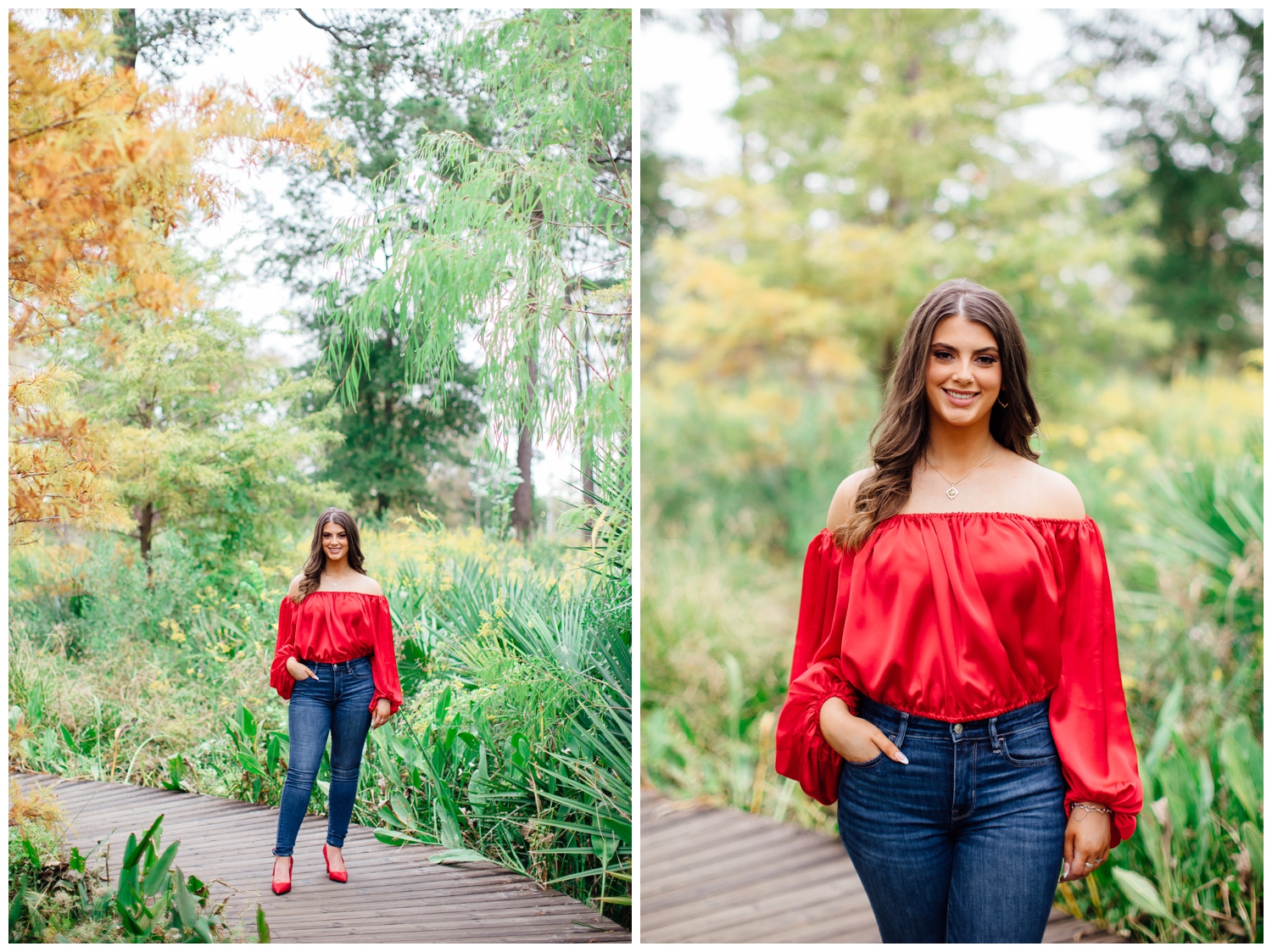 high school senior girl in red blouse and jeans walking on boardwalk Houston Arboretum