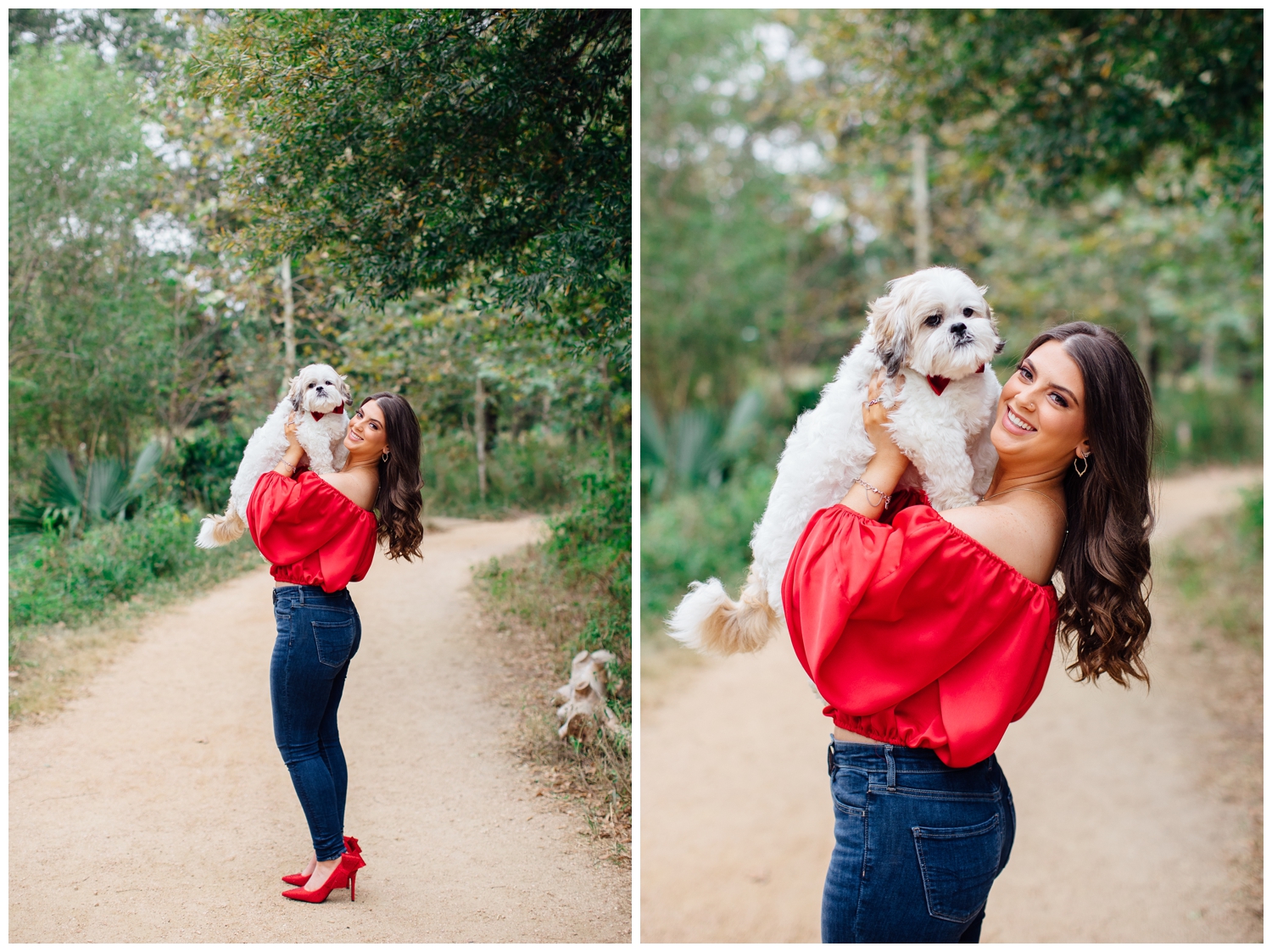 high school senior girl in red shirt, jeans and red heels holding dog in the air Houston Arboretum