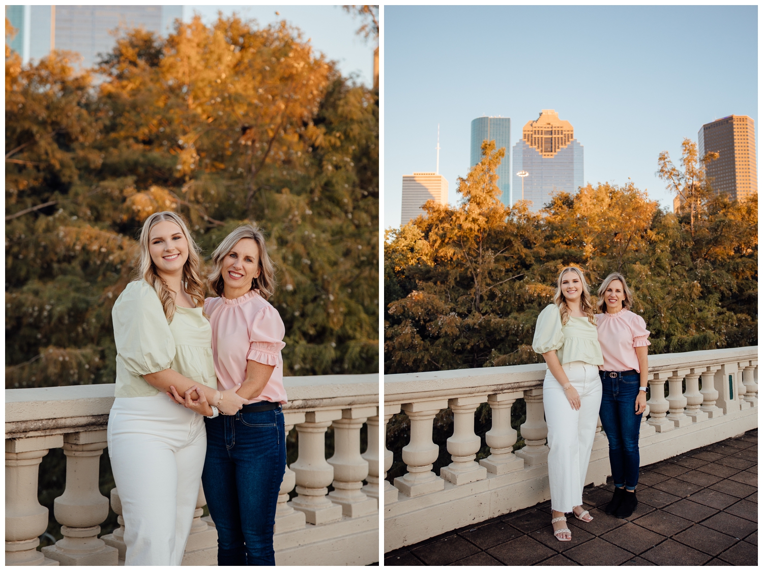 high school senior girl hugging mom on Sabine Street Bridge Houston skyline