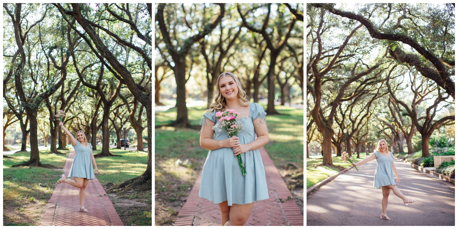 girl in green dress holding pink floral bouquet for senior pictures in Houston