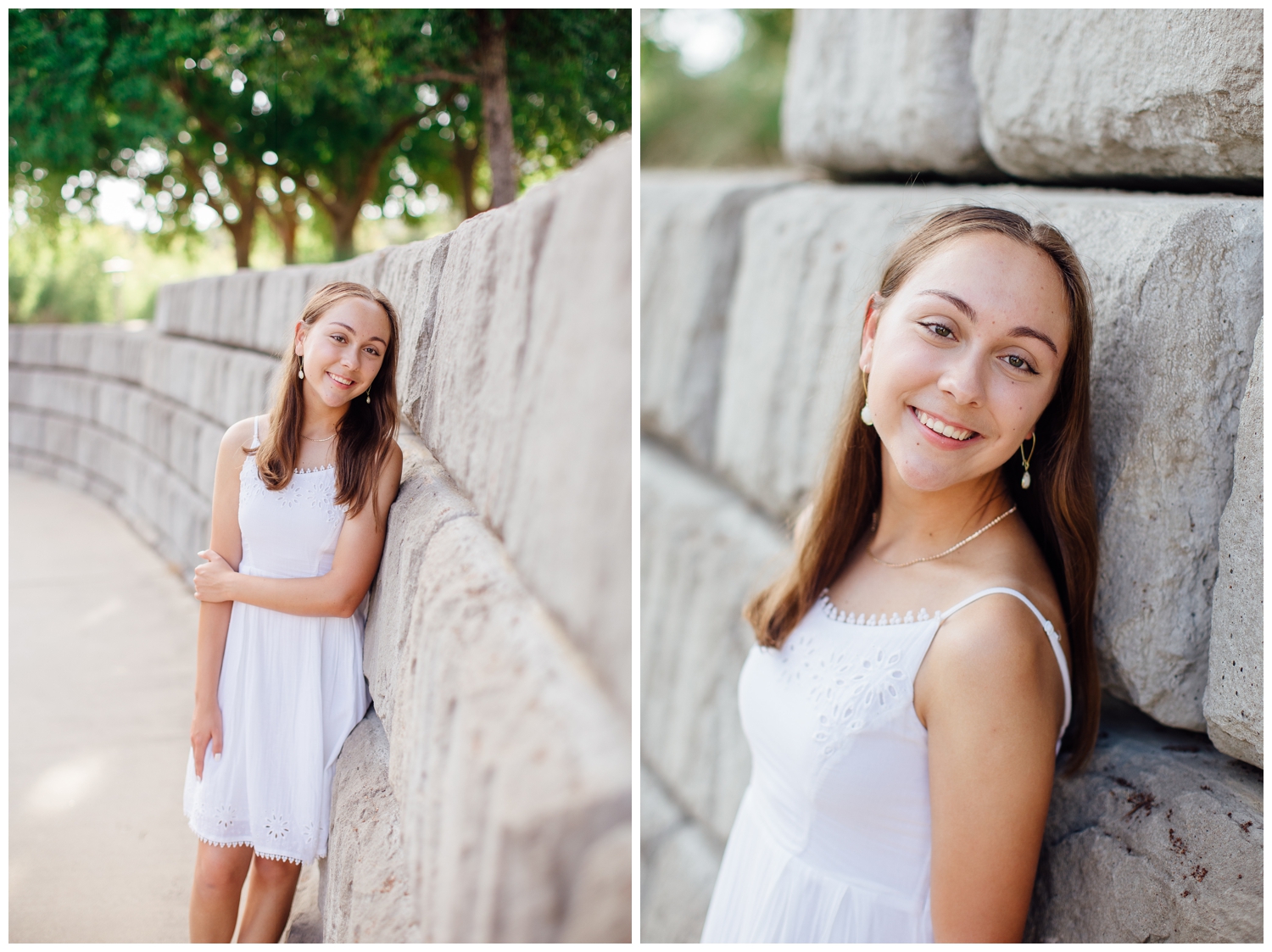 high school senior girl in white dress leaning against gray column wall at Buffalo Bayou