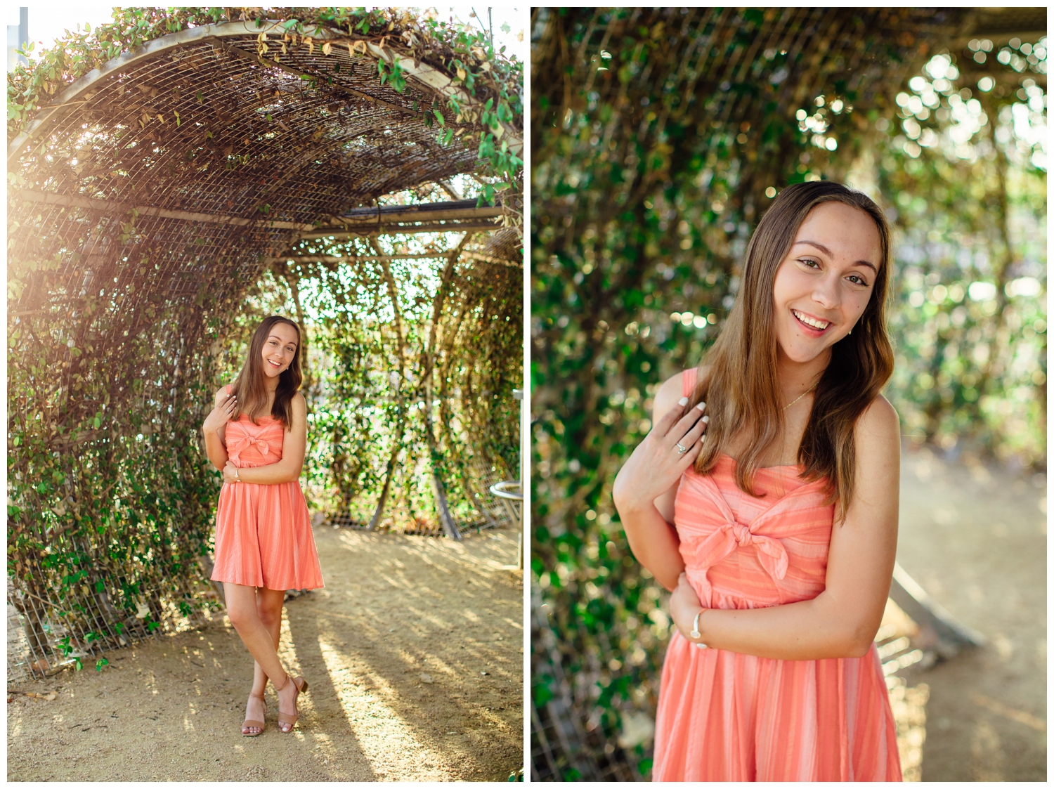 girl standing under green arch for downtown Houston senior pictures