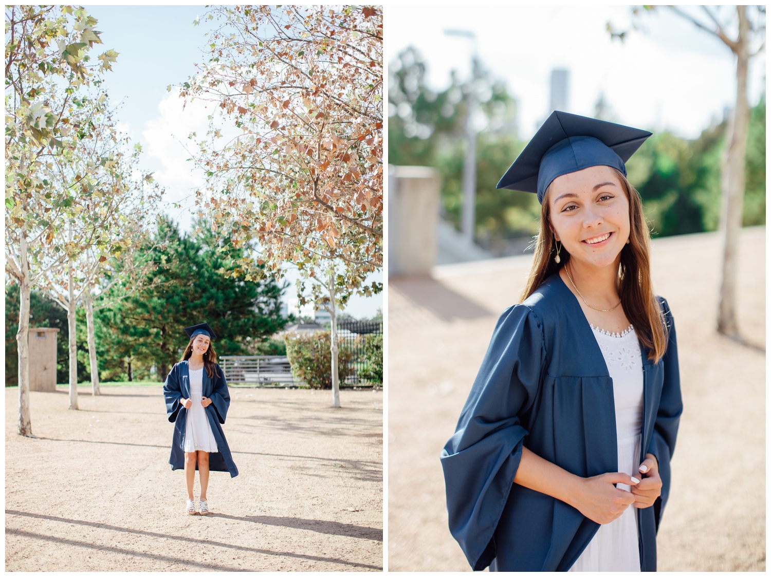 high school senior girl in blue graduation cap and gown in downtown Houston Sabine Street