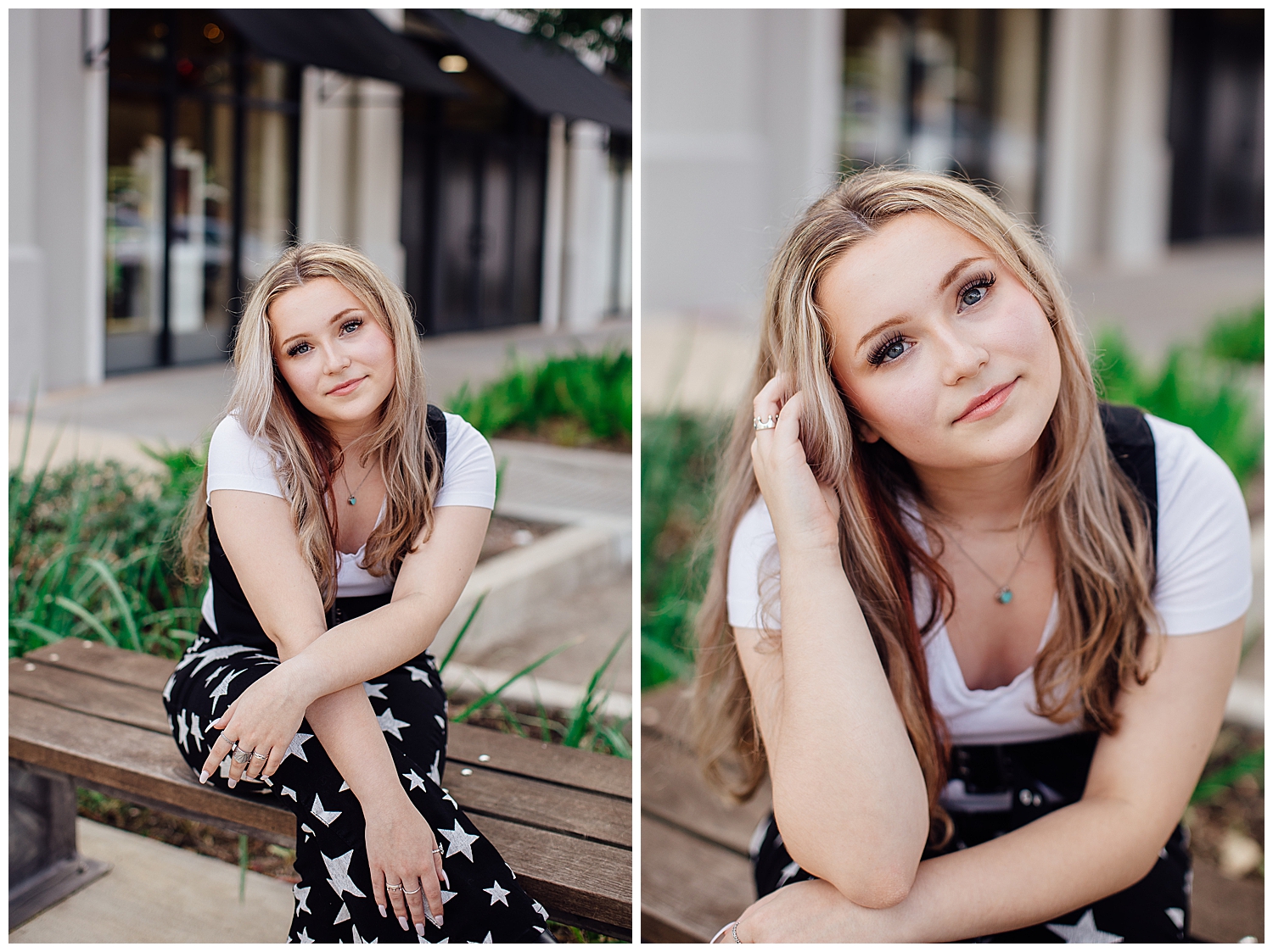 girl sitting on bench at Uptown Park leaning toward camera with hand in hair for modern Houston senior photographer