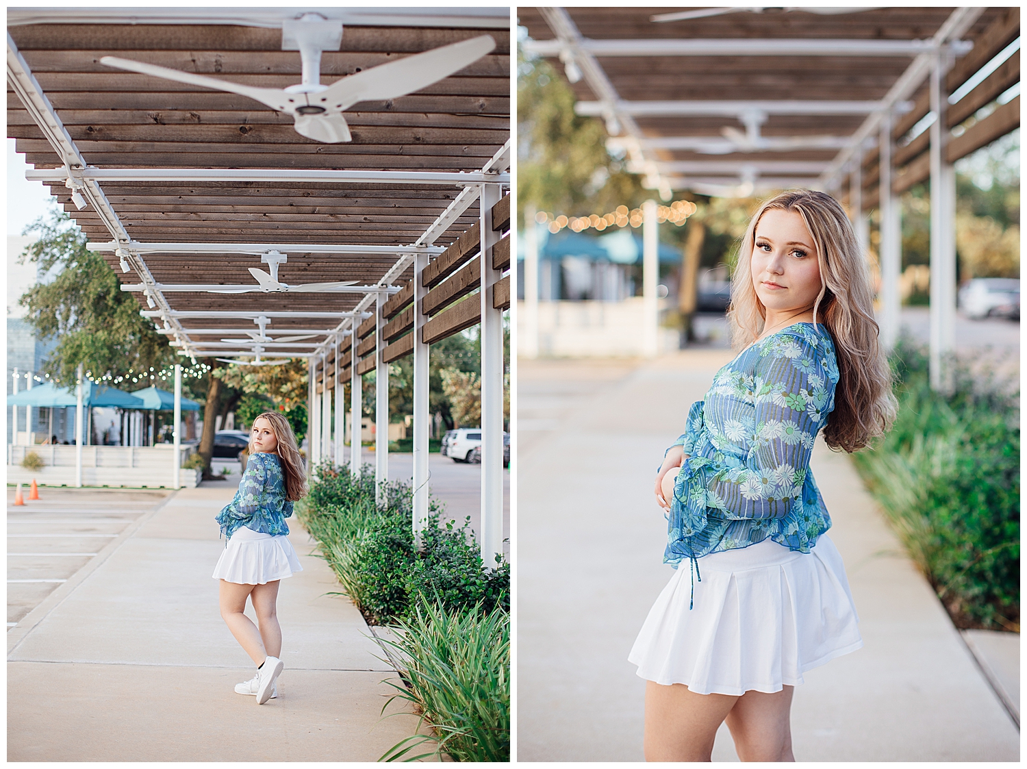 high school senior girl in white skirt and tennis shoes standing under walkway Uptown Park Houston, Texas