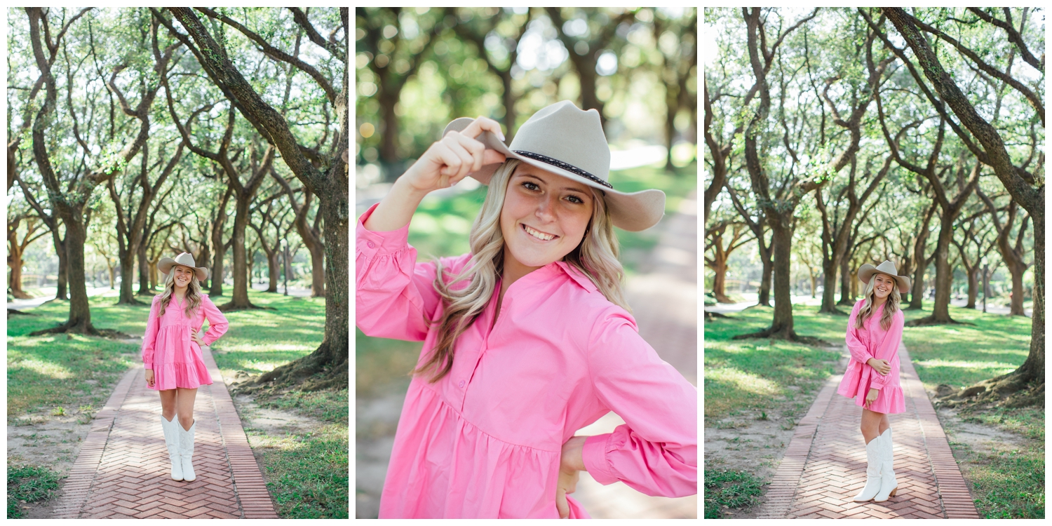 high school senior girl in hot pink dress with cowboy hat and white boots in outdoor treeline