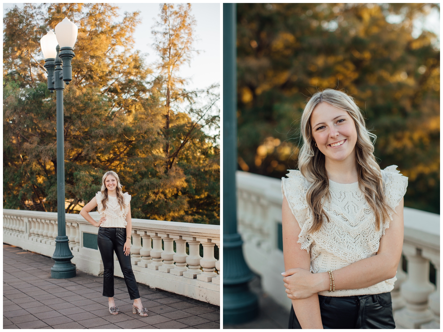 high school senior girl standing on Sabine Street Bridge for Outdoor Houston senior photography