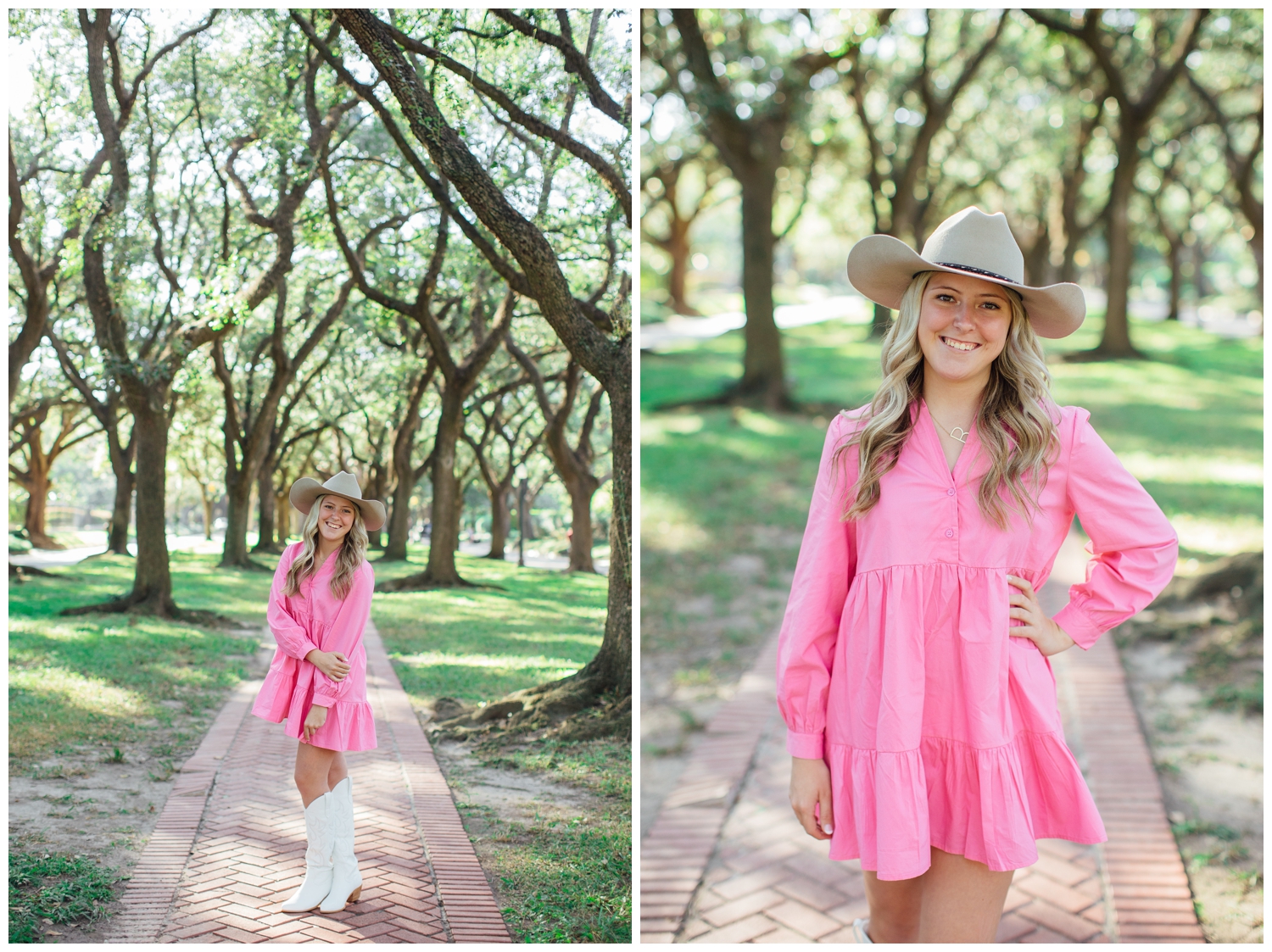 girl in hot pink dress white boots cowboy hat for outdoor Houston senior photography