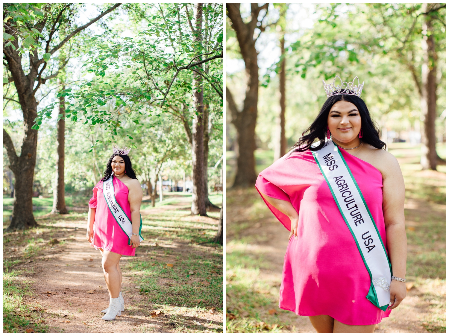 high school senior in hot pink dress wearing crown outdoors Cypress Texas