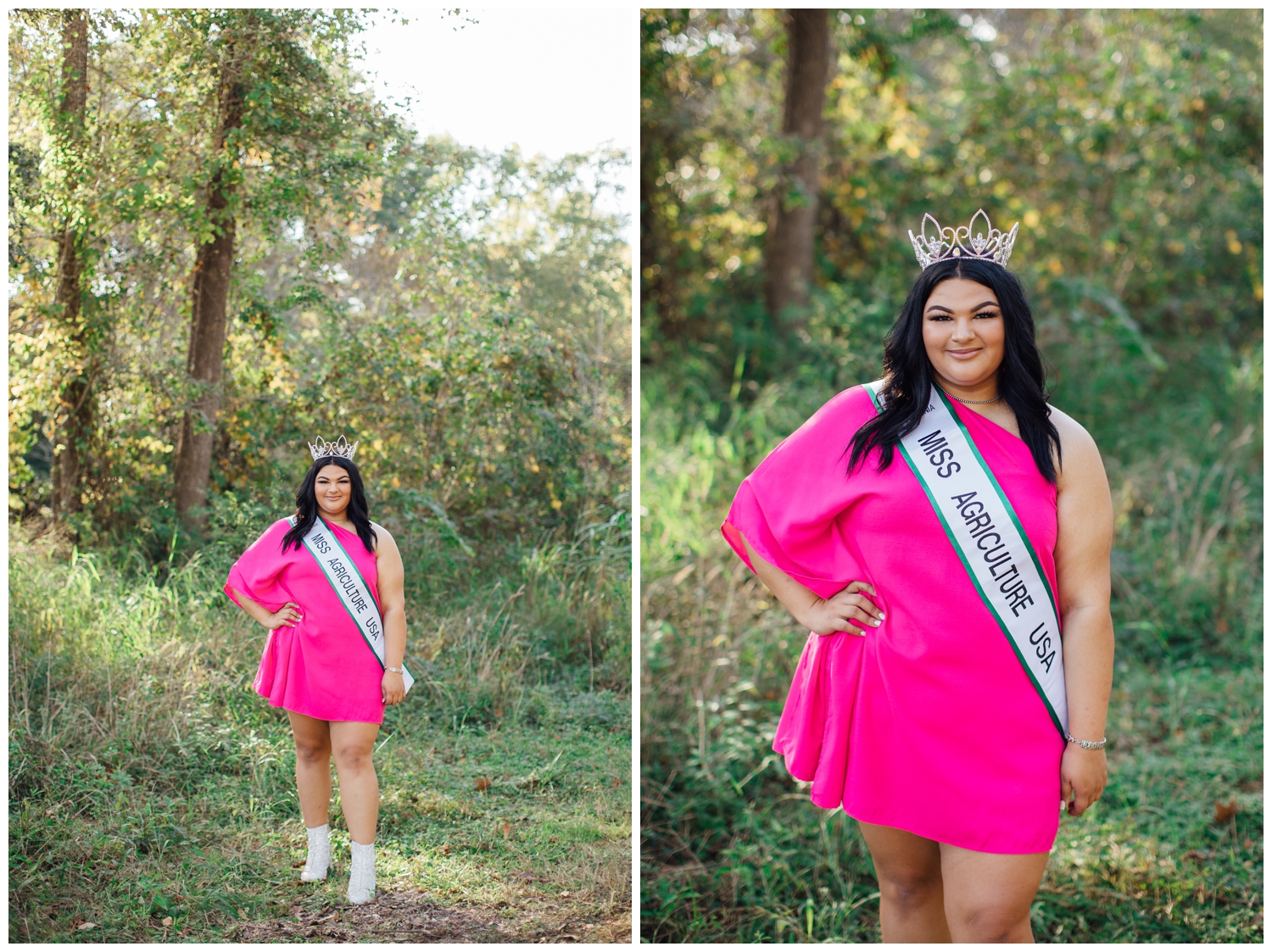 girl in hot pink dress standing in field at Cy Hope in Cypress Texas