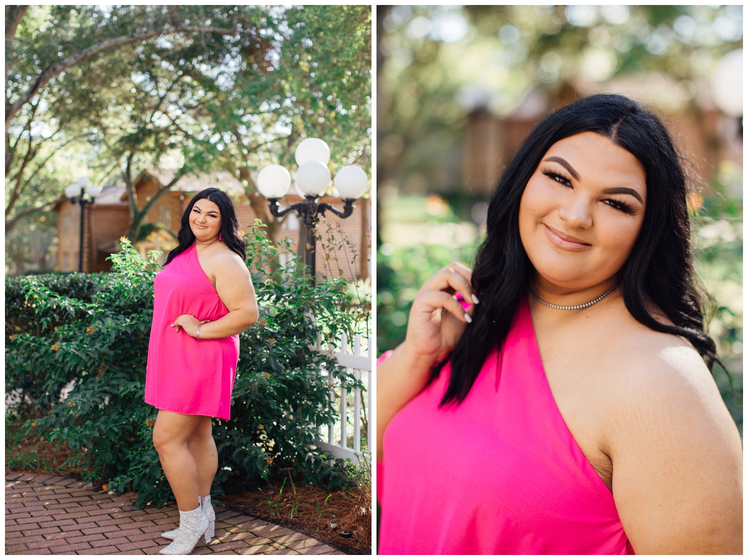 high school senior girl in hot pink dress standing outdoors by lamp post in Cypress Texas