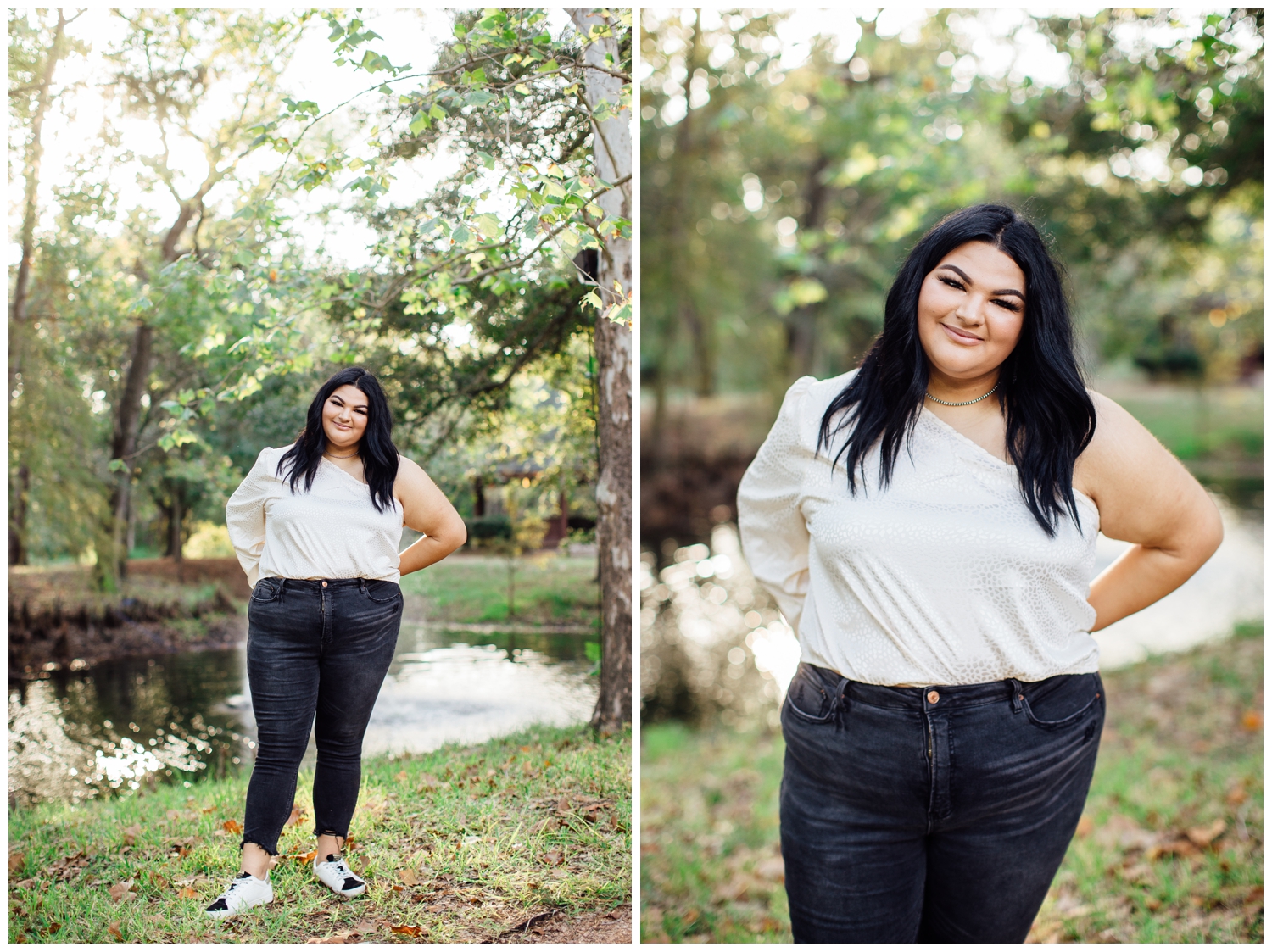 girl in cream shirt and black jeans standing outdoors at Cy Hope in Cypress Texas