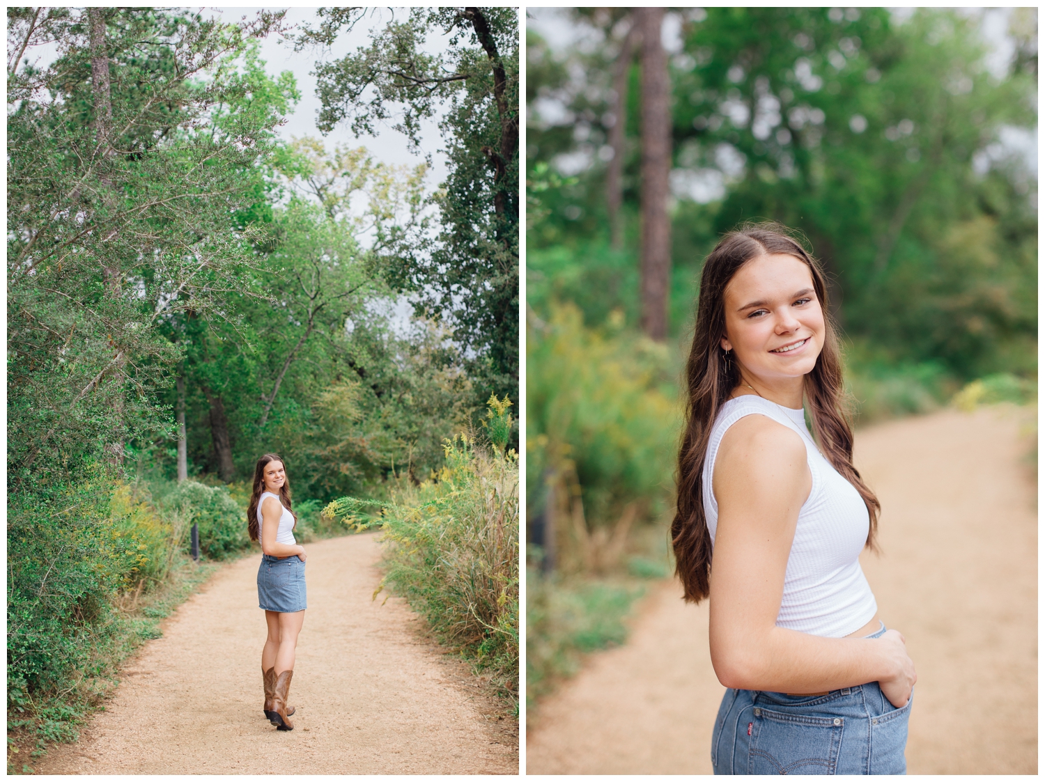 girl in denim skirt and white shirt cowboy boots standing on pathway Senior Pictures Houston Arboretum
