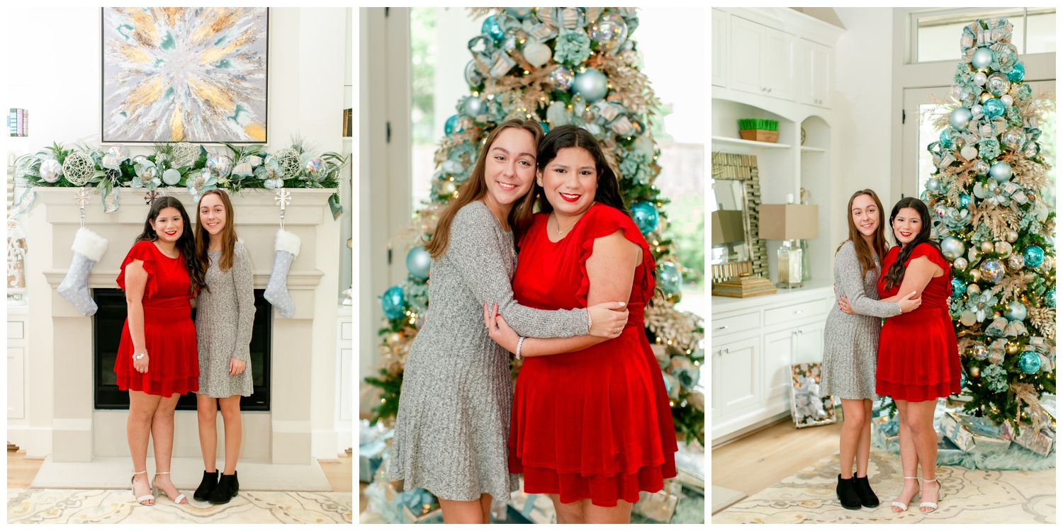 senior reps Christmas Photoshoot Houston with two girls hugging in front of Christmas tree