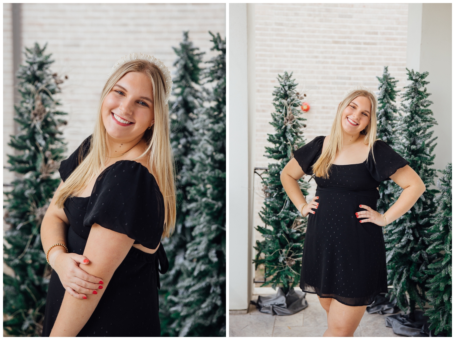 girl in black dress with hands on hips smiling and standing in front of green Christmas tree