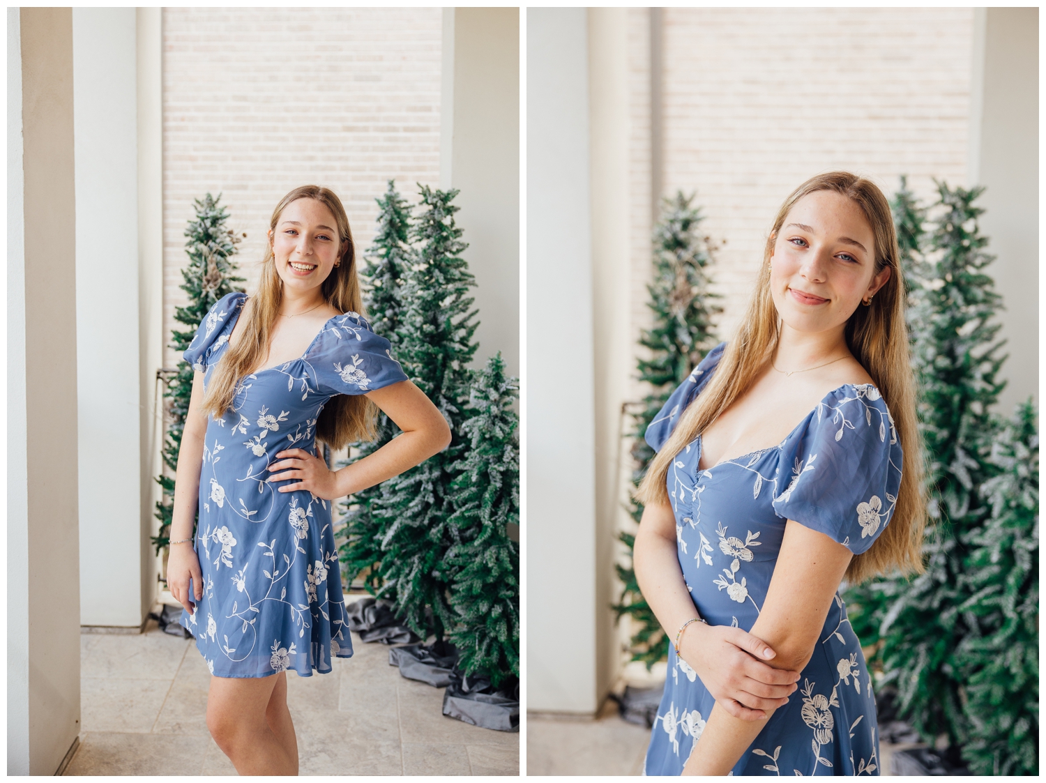 Senior girl in blue floral dress standing outdoors in front of Christmas trees for senior reps Christmas photoshoot