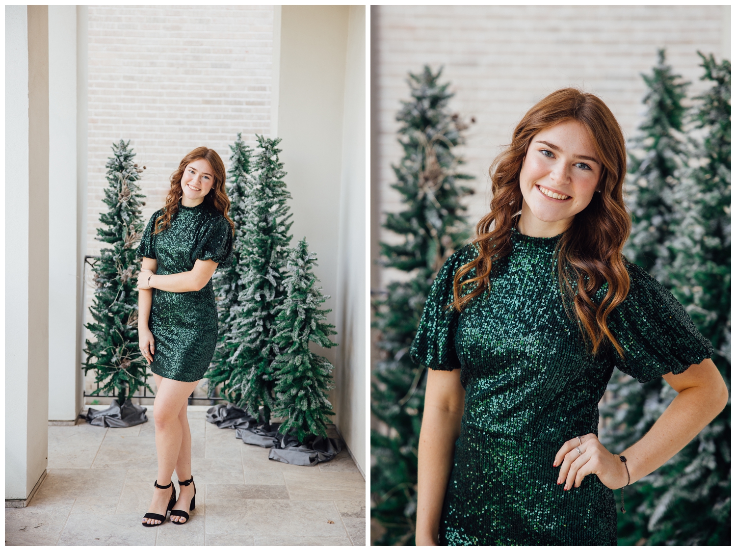 high school senior girl in emerald dress in front of three small green Christmas trees