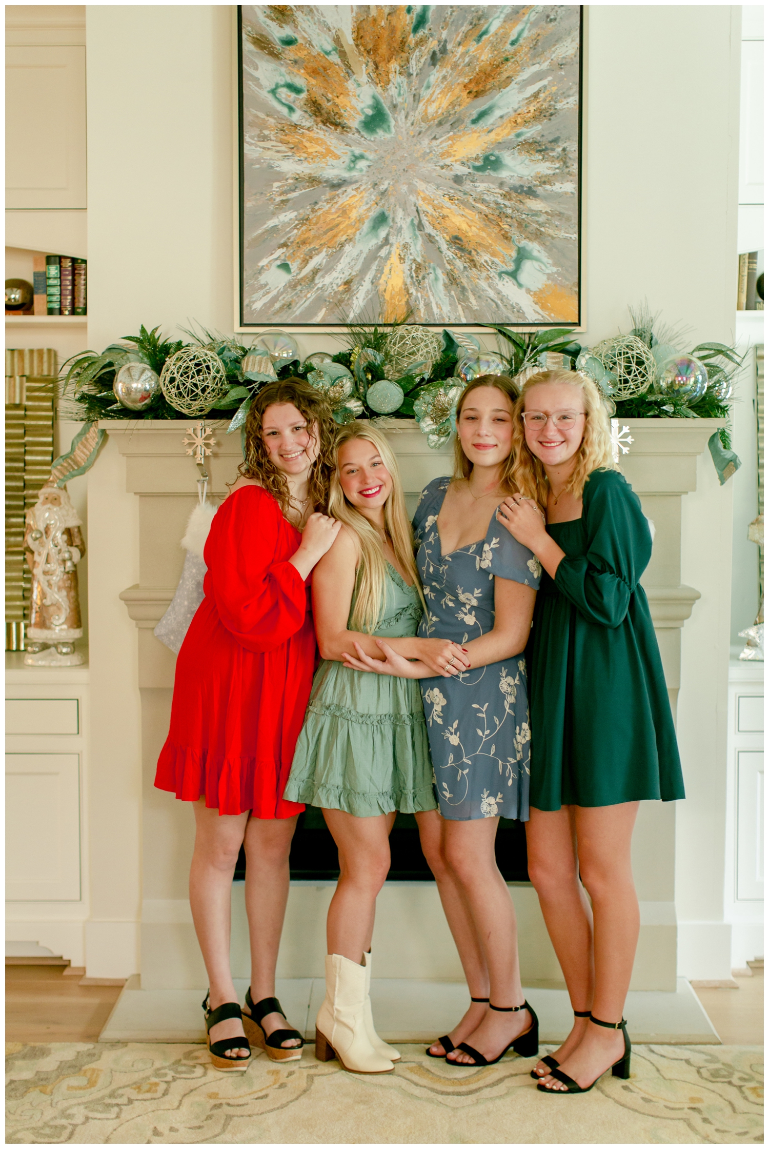 group of Houston senior girls posing indoors in front of gray fireplace