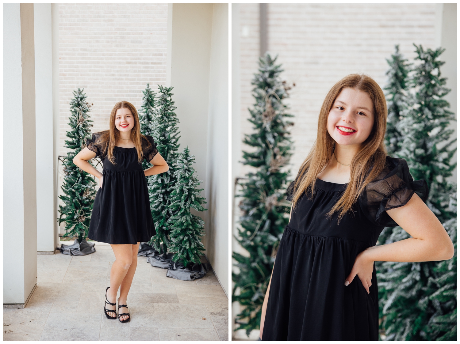 girl standing in black dress with hands on hip outdoors in Houston, Texas for senior reps Christmas photoshoot
