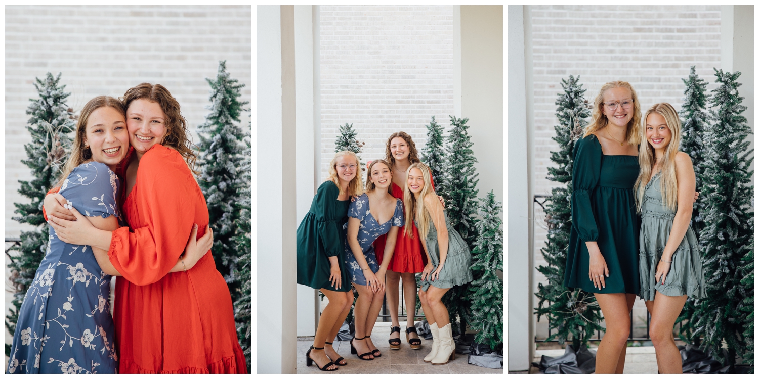 best friends posing outdoors in dresses for senior reps Christmas Photoshoot Houston