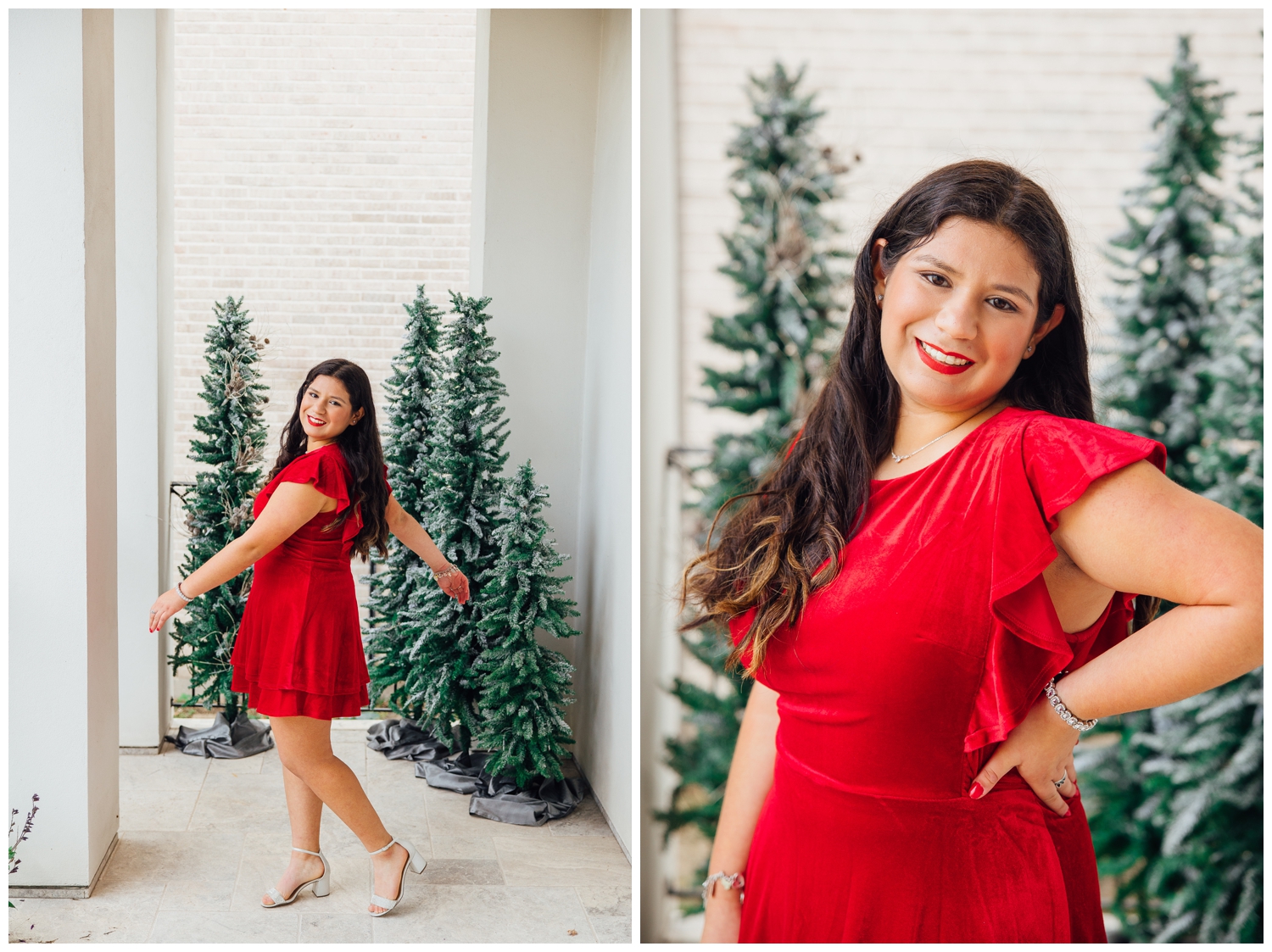 senior girl in red dress twirling outdoors for senior reps Christmas Photoshoot Houston