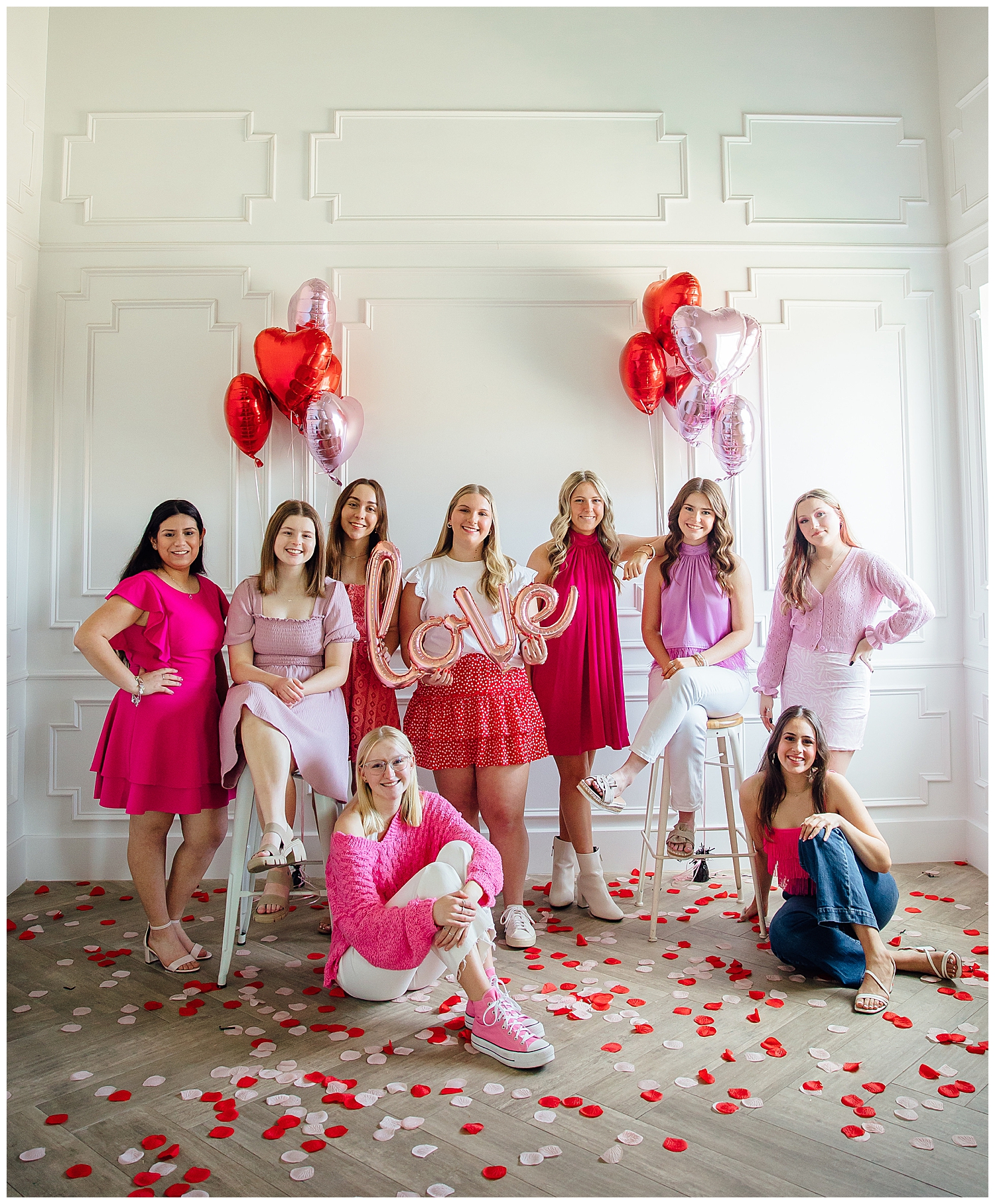 Houston senior rep team in pink, red and white posing for Valentine's Day Senior Photoshoot