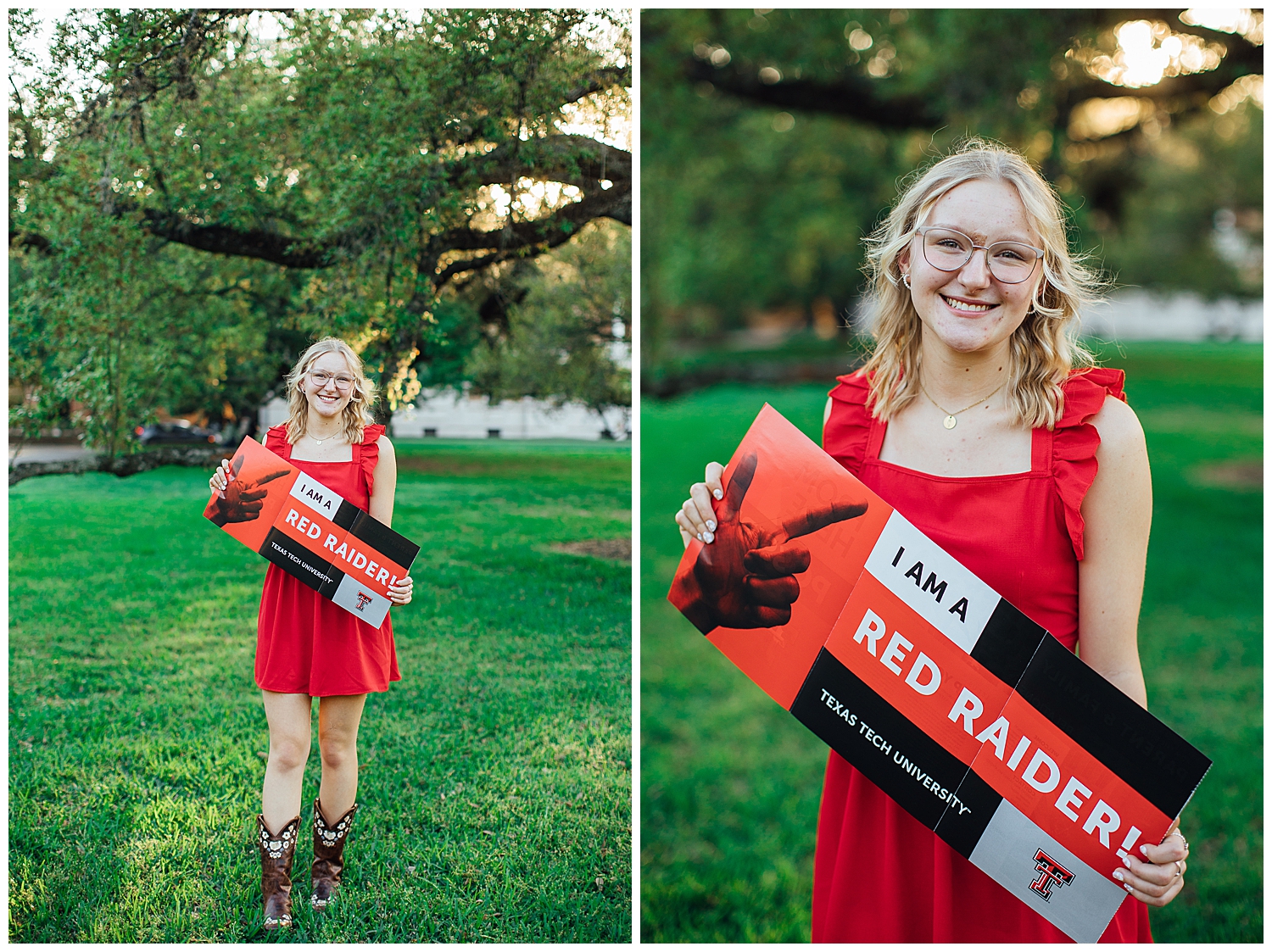 girl in red dress and brown boots holding a Texas Tech sign for colorful Houston senior session