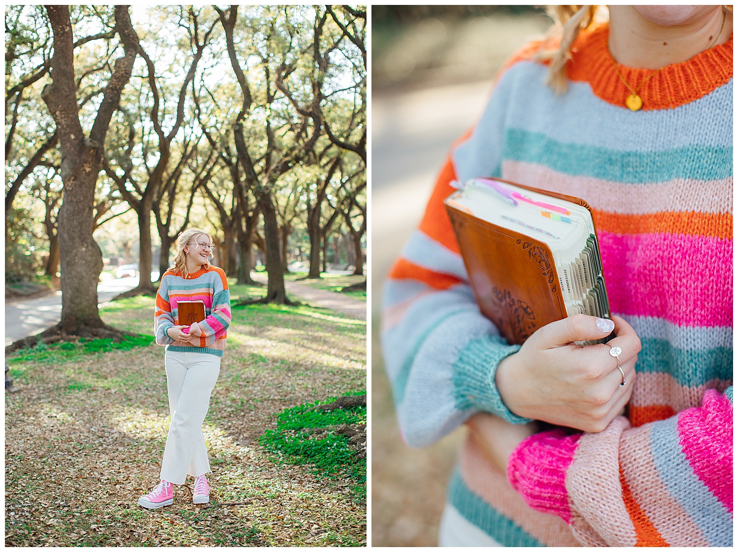 colorful Houston senior session with girl in pink and orange sweater holding bible outdoors