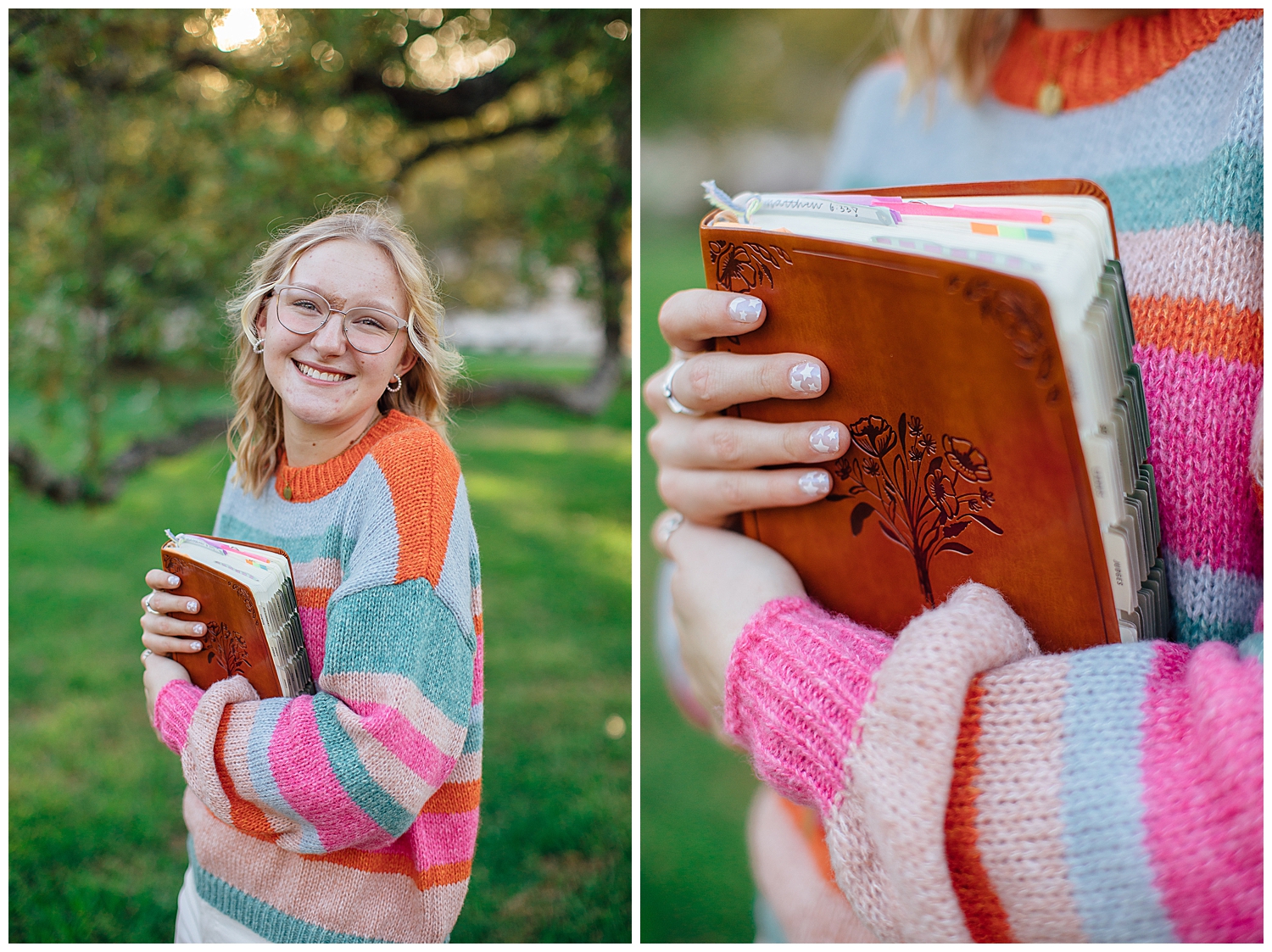 high school senior girl standing in colorful sweater holding a bible