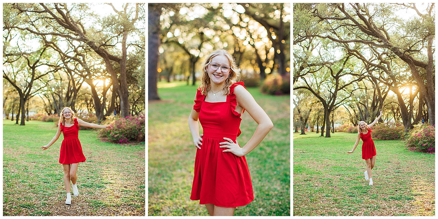 girl in red dress and boots in front of a tree for colorful Houston senior session Hermann Park