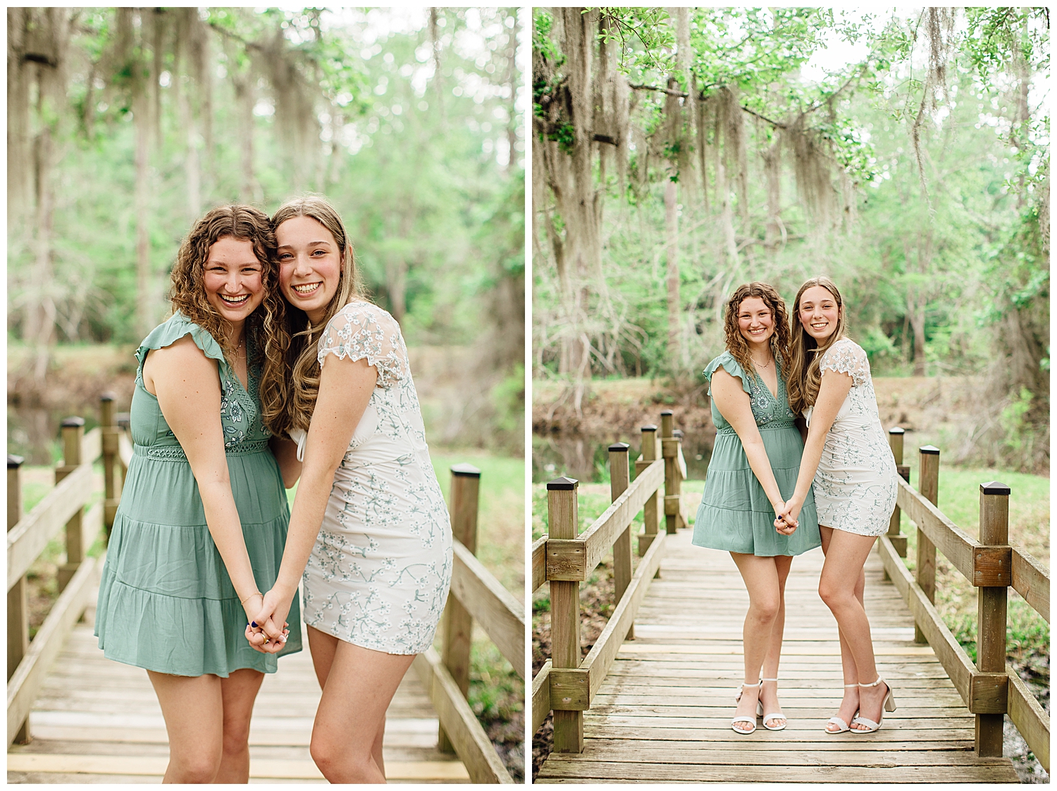 two senior girls standing on a bridge with mossy trees in Houston for best friends senior pictures