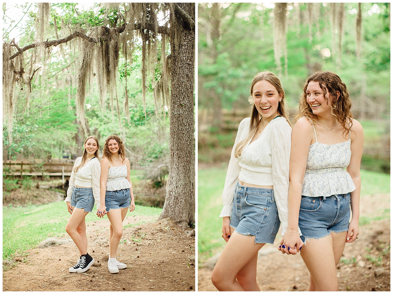 two senior girls in blue jean shorts and cream shirts holding hands for best friends senior pictures outside at Cy Hope