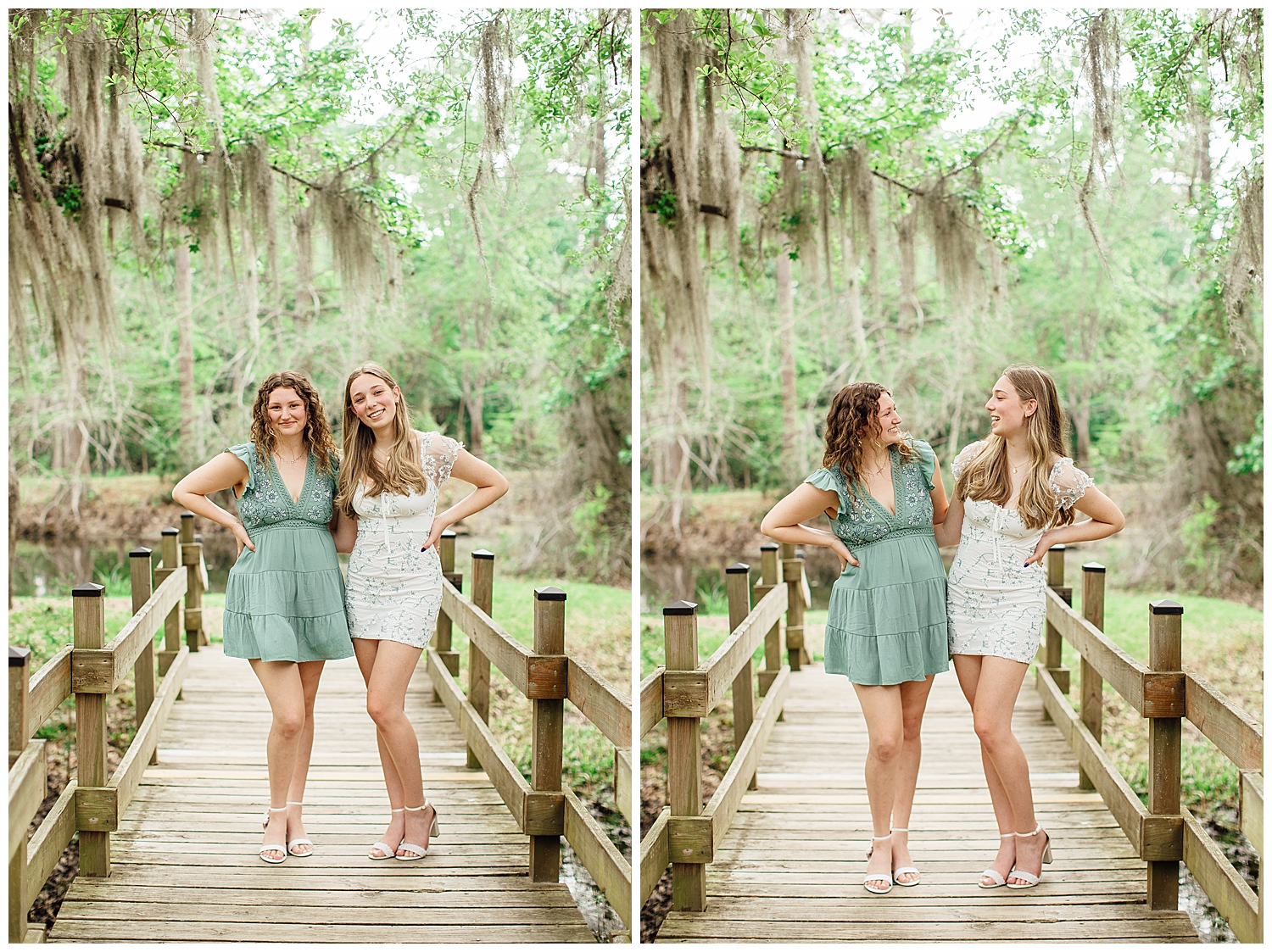 two senior high school girls in dresses standing on a bridge at Cy Hope laughing for high school senior girl sitting in the grass playing a guitar for best friends senior pictures