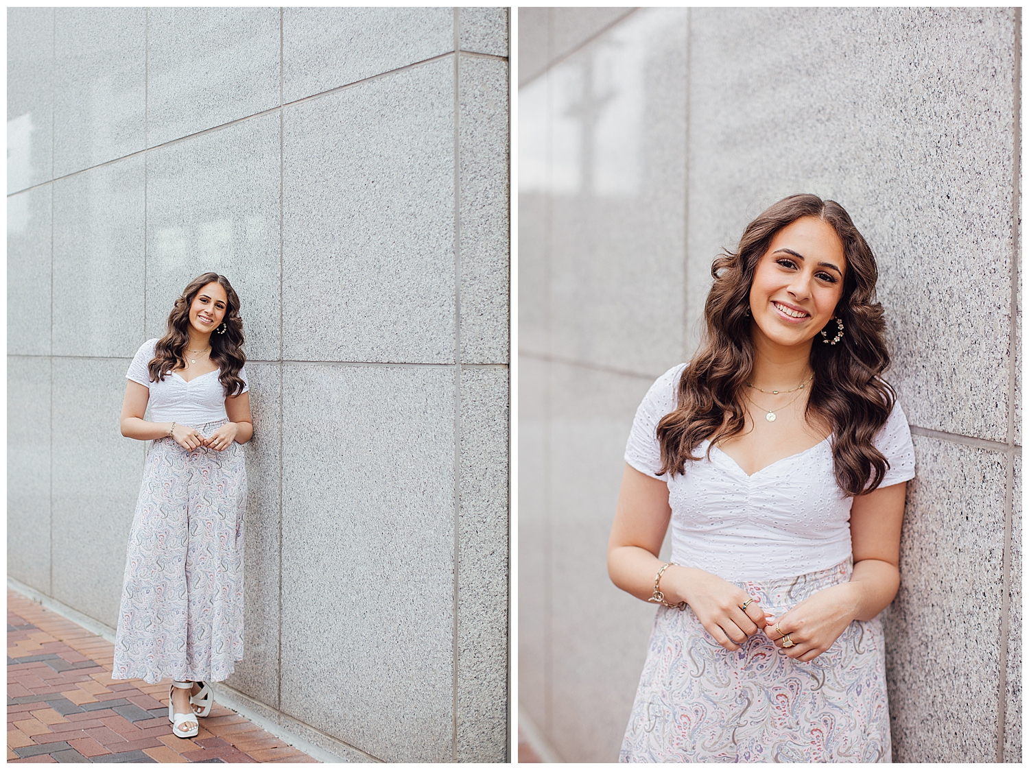 high school senior girl in white pants and white shirt leaning against white wall in downtown Houston senior pictures