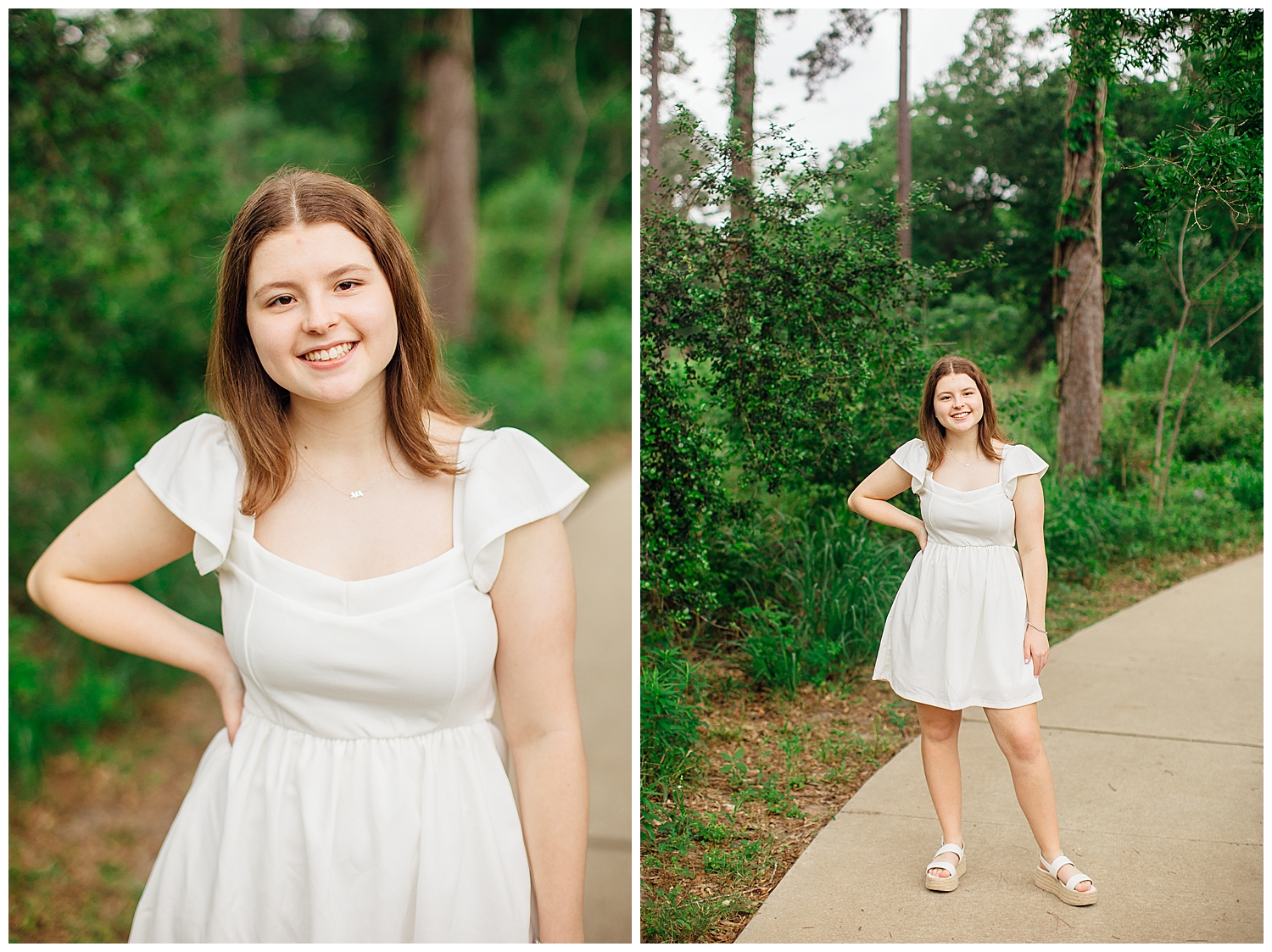 outdoor spring senior photos in Houston with girl in cream dress with hands on hip